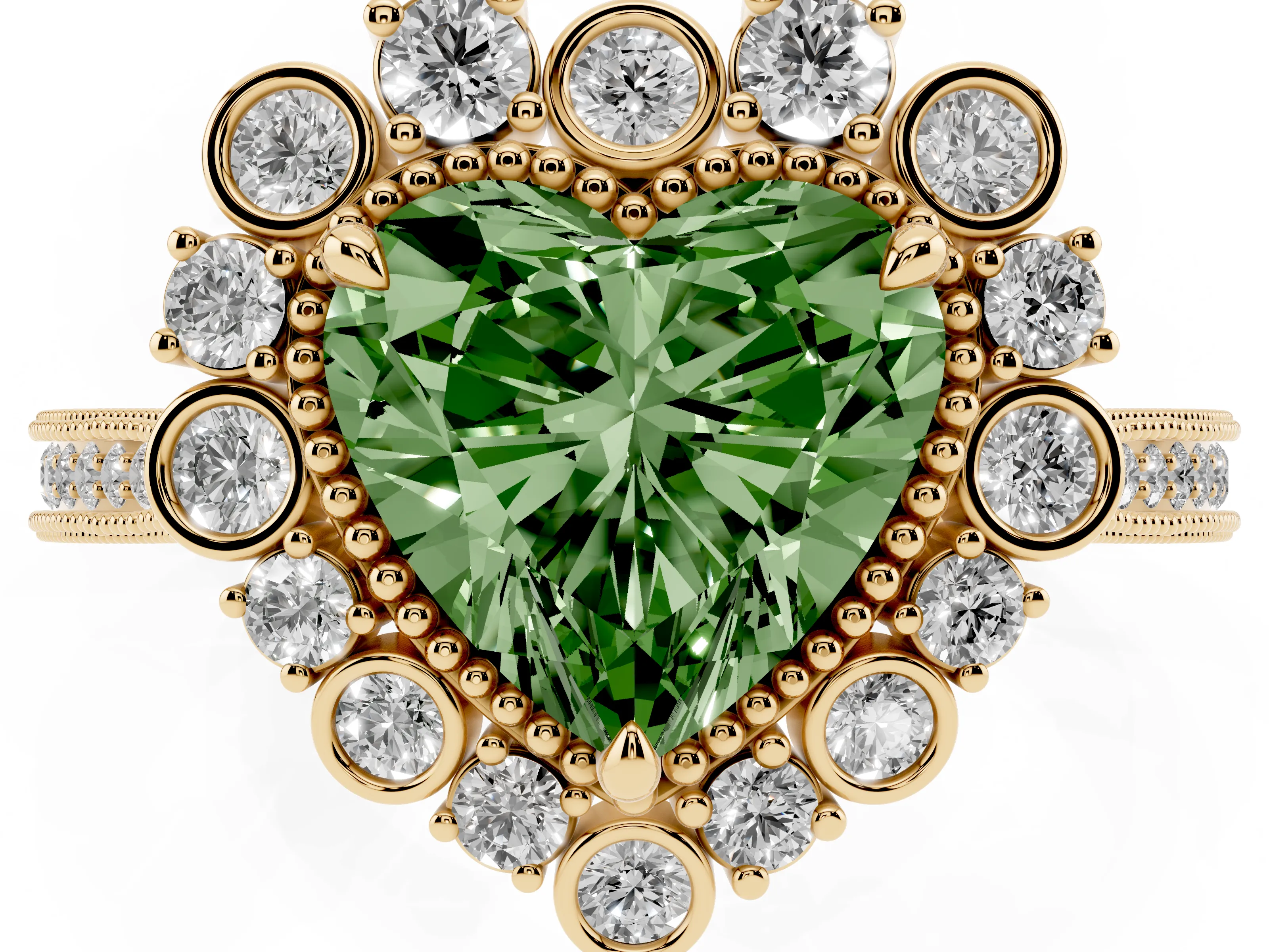 Fancy Green Heart Cut Diamond Halo Milgrain Pavé Ring Set in Yellow gold with Prong Setting