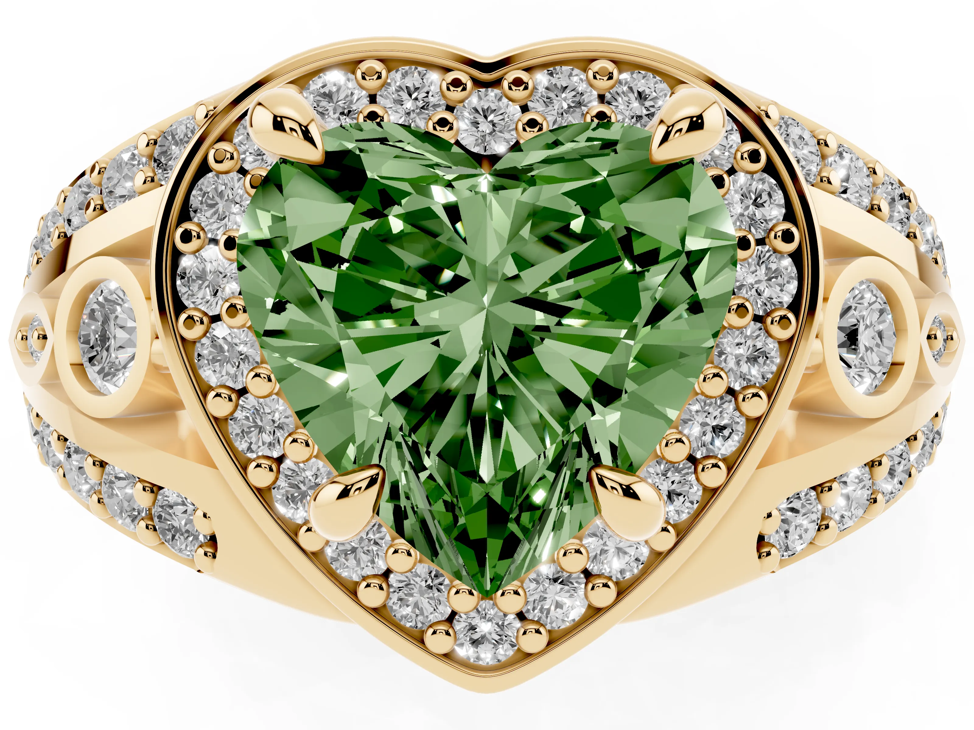 Fancy Green Heart Cut Diamond Halo Ring Set in Yellow gold with Pavé Split Shank and Bezel Accents