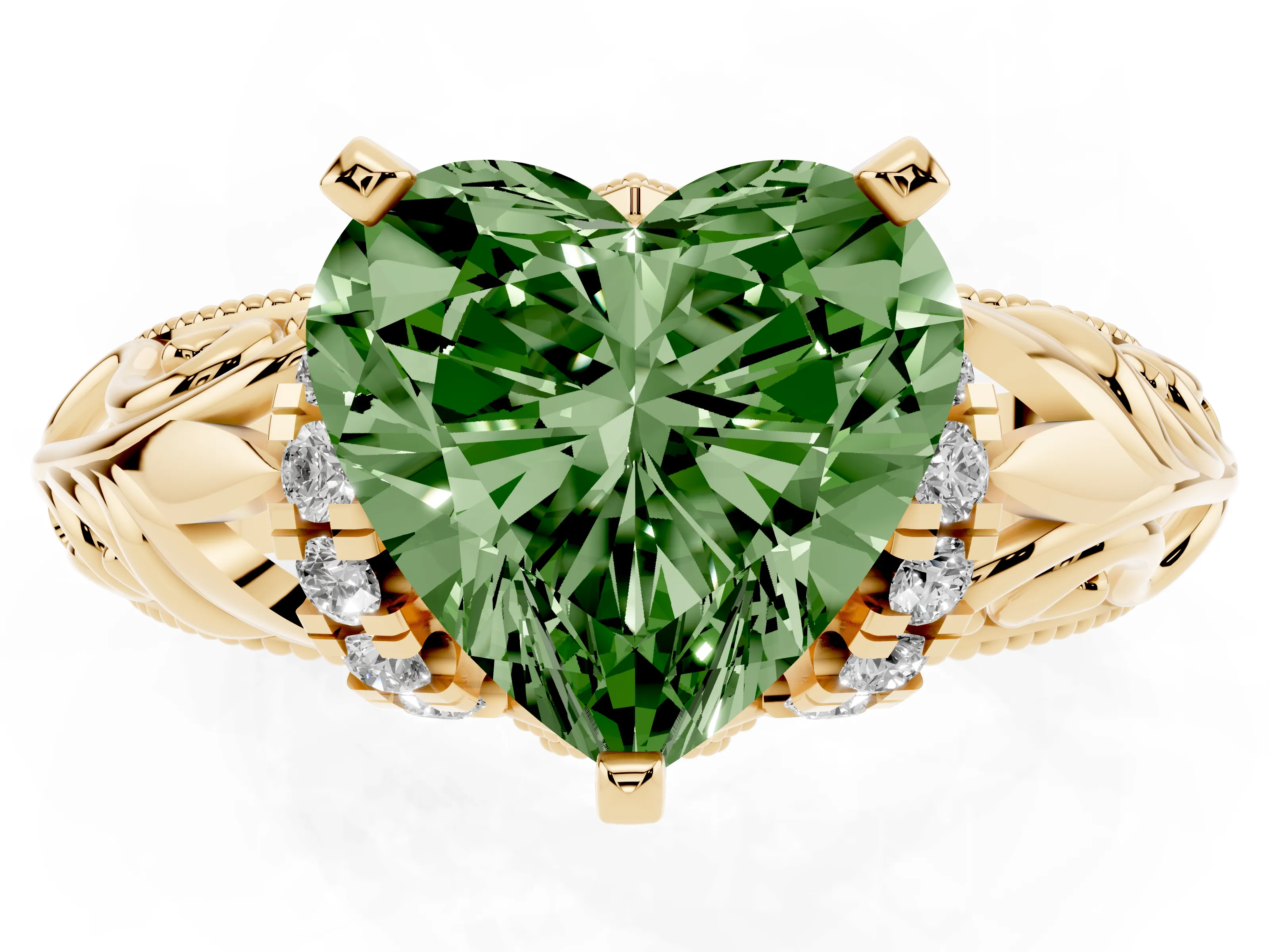 Fancy Green Heart Cut Diamond Filigree Halo Engagement Ring Set in Yellow gold with Prong Setting