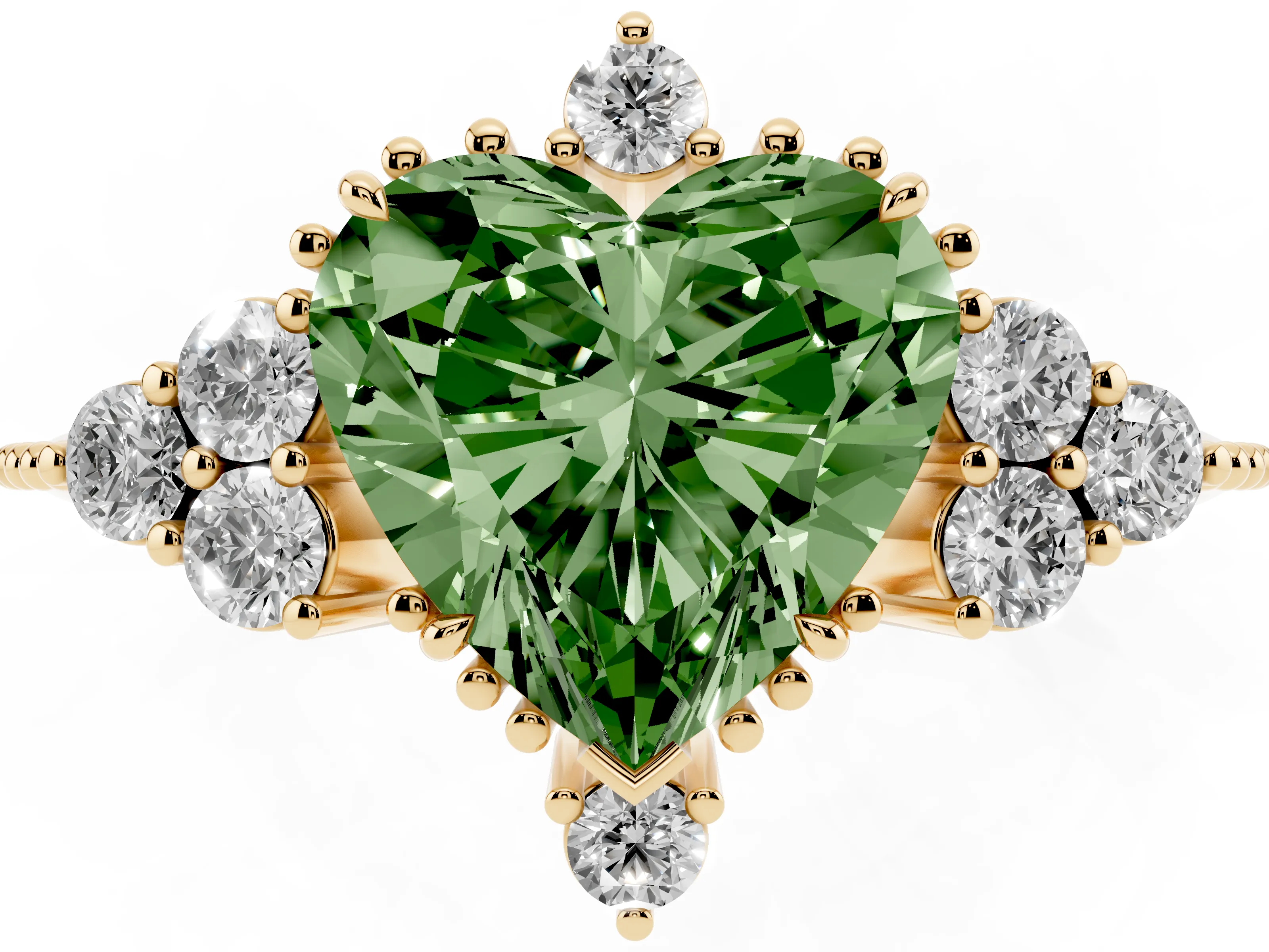 Fancy Green Heart Cut Diamond Cluster Ring Set in Yellow gold with Beaded Band
