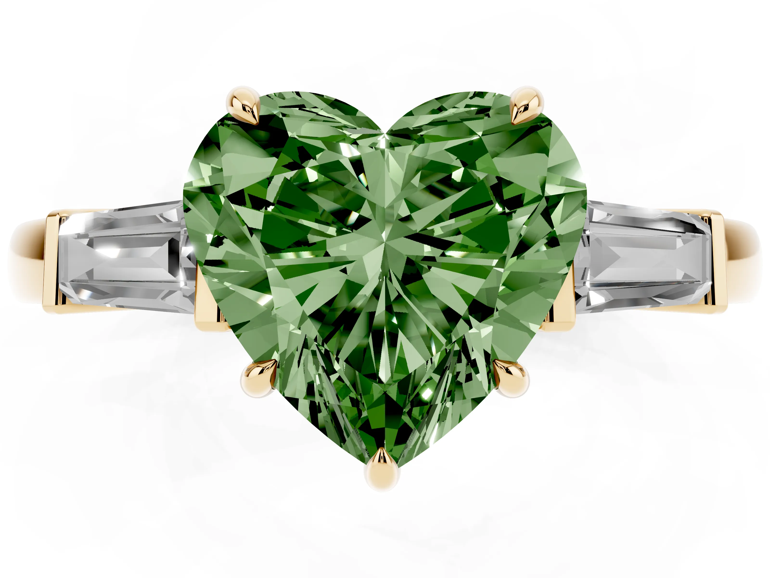 Fancy Green Heart Cut Diamond Three-Stone Ring Set in Yellow gold with Tapered Baguette Side Stones and Prong Setting