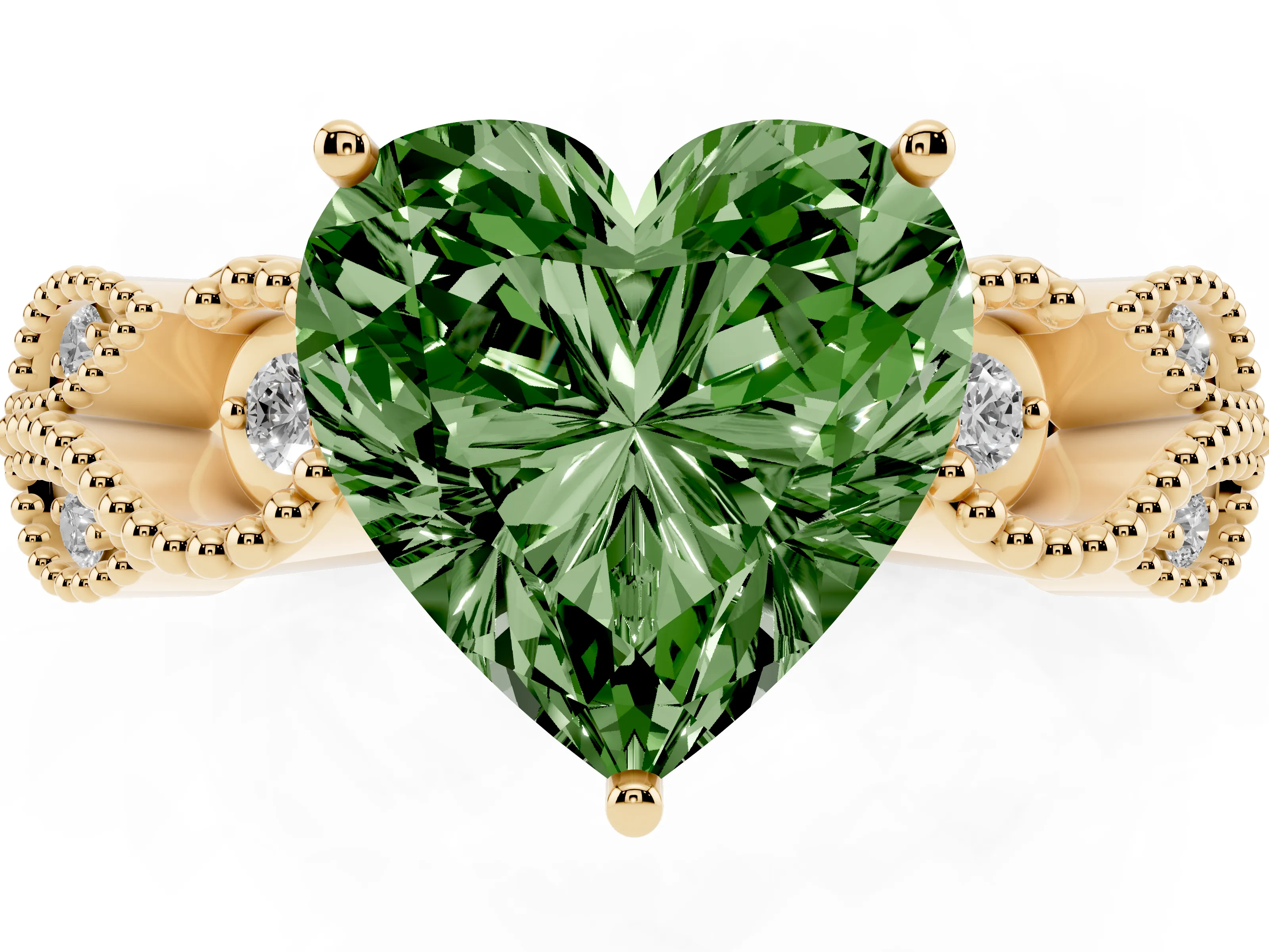 Fancy Green Heart Cut Diamond Milgrain Leaf Band Solitaire Ring Set in Yellow gold with Accent Stones and Prong Setting