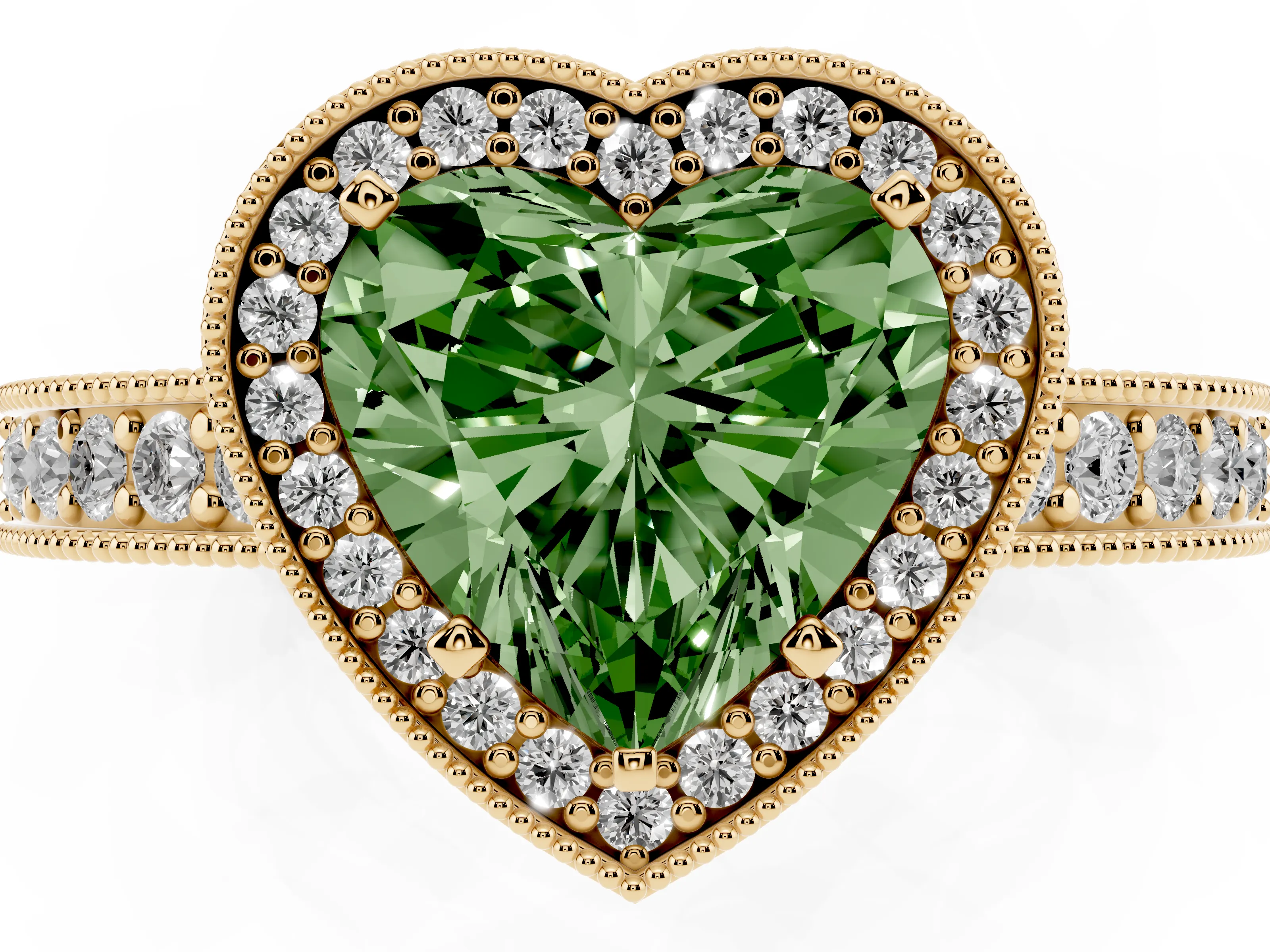 Fancy Green Heart Cut Diamond Halo Pavé Band Ring Set in Yellow gold with Prong-Set Center