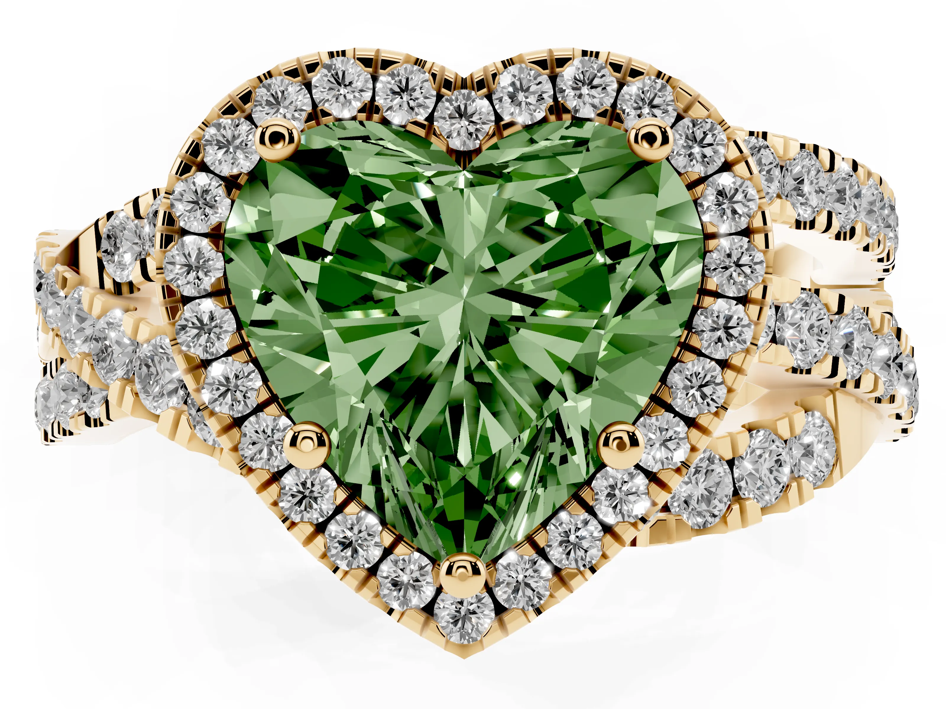 Fancy Green Heart Cut Diamond Halo Ring Set in Yellow gold with Round Crossover Split Shank and Prong Setting