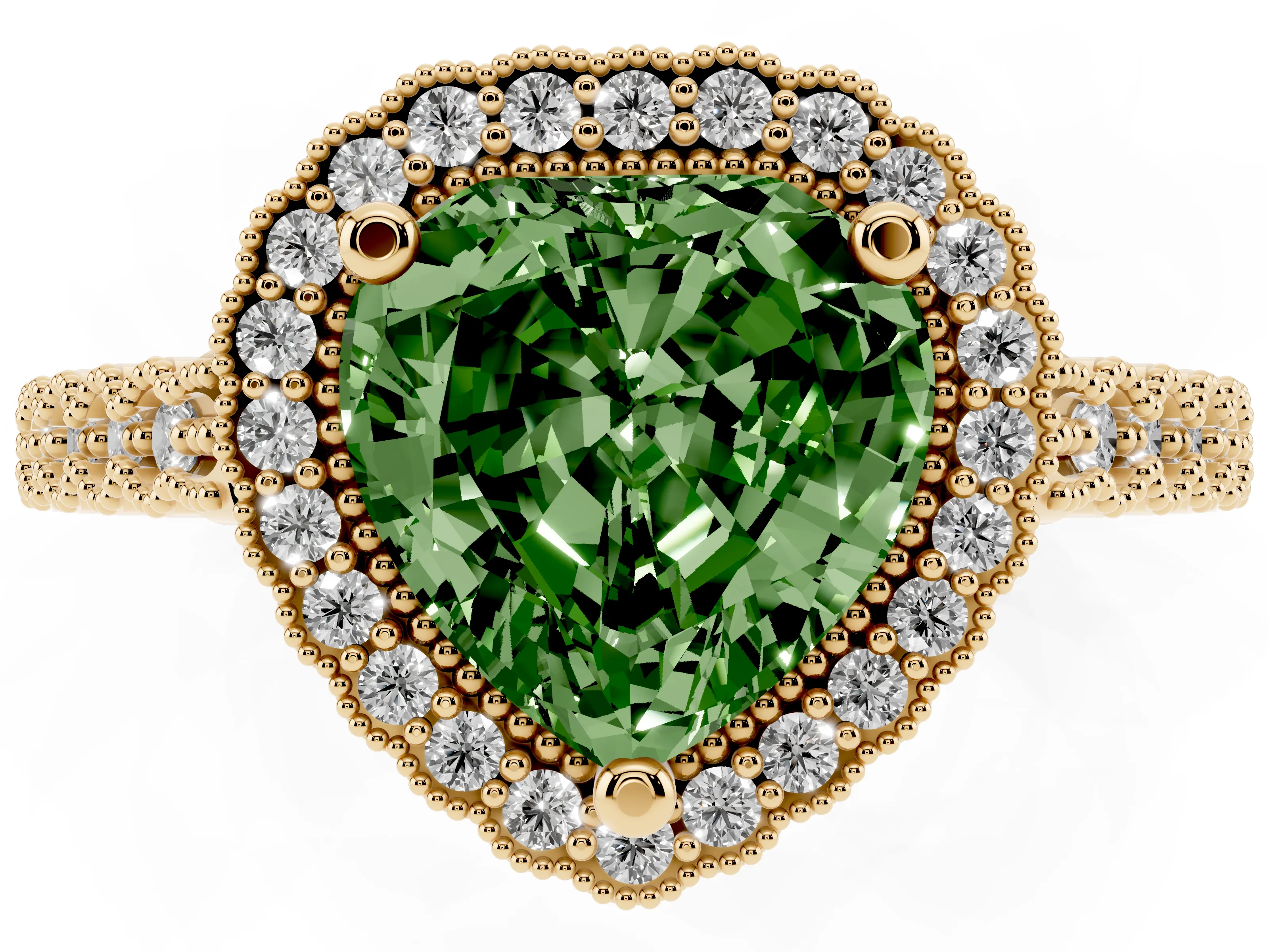 Fancy Green Heart Cut Diamond Halo Ring Set in Yellow gold with Pavé Milgrain Band