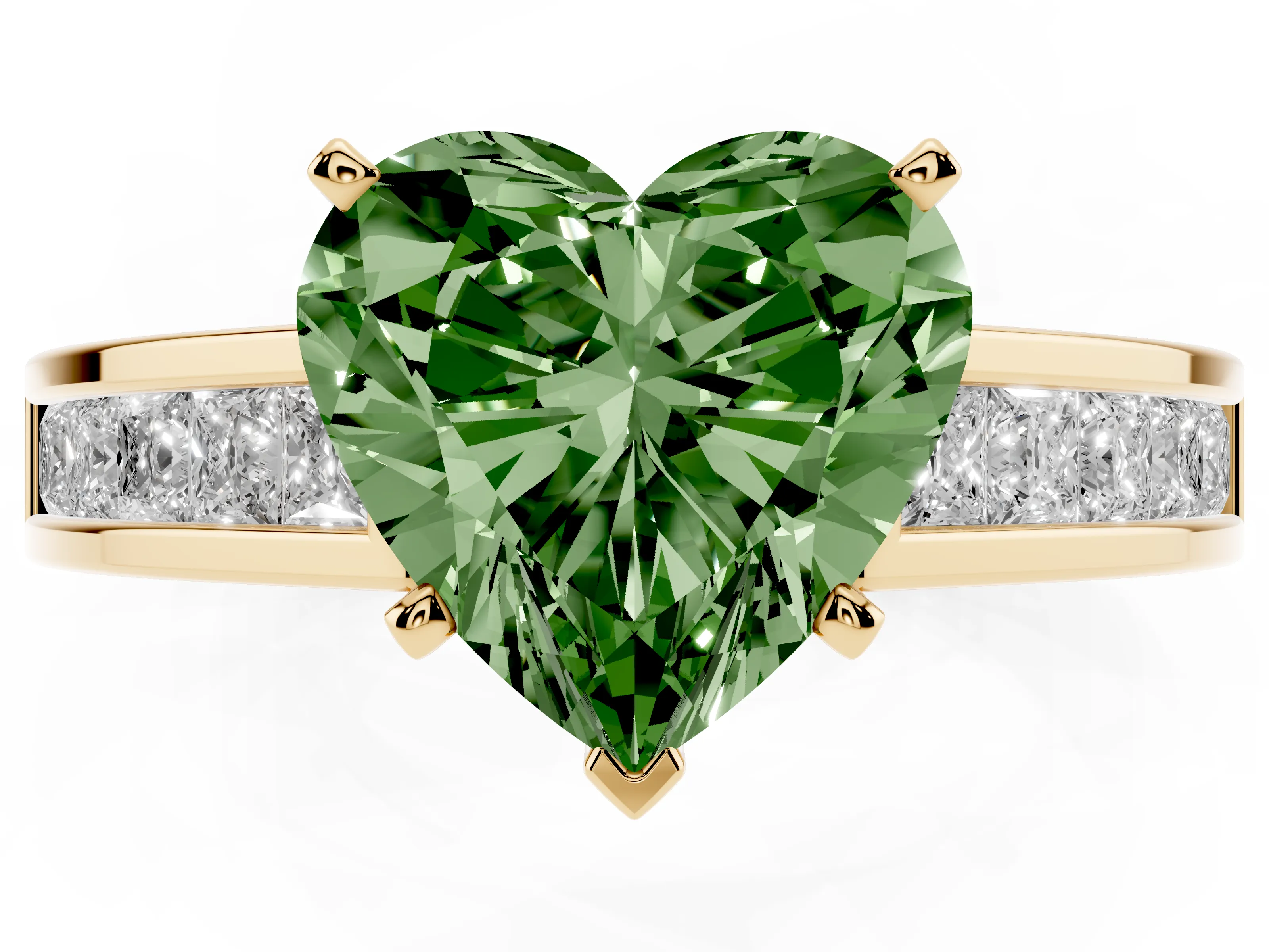 Fancy Green Heart Cut Diamond Solitaire Ring Set in Yellow gold with Channel-Set Band and Prong Setting