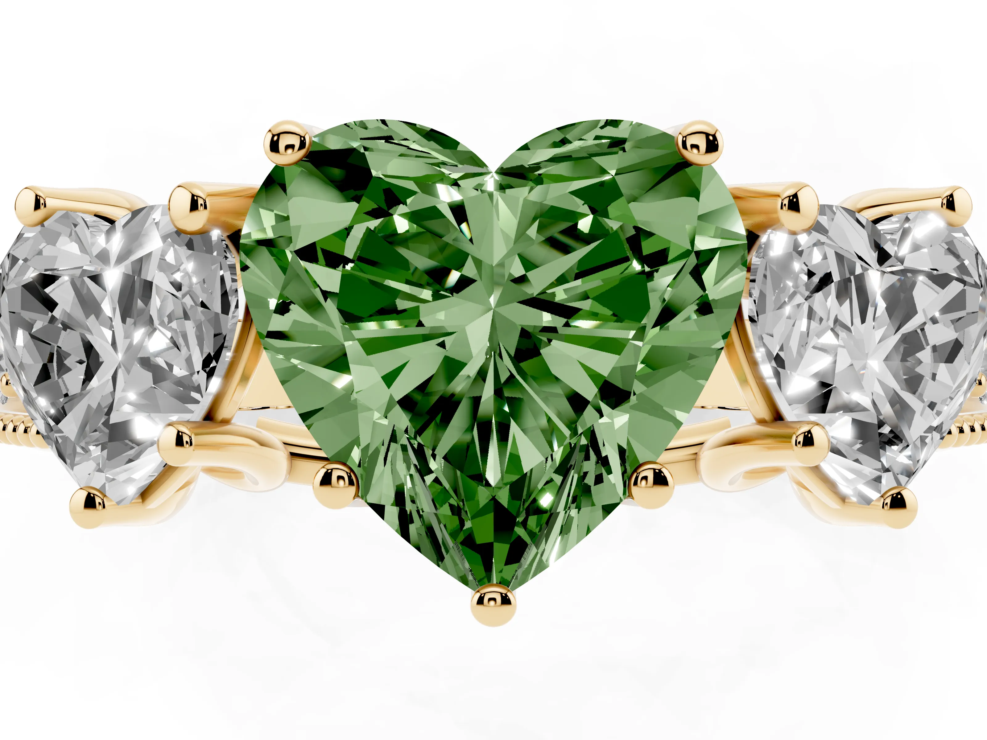Fancy Green Heart Cut Diamond Three-Stone Engagement Ring Set in Yellow gold with Milgrain Pavé Band