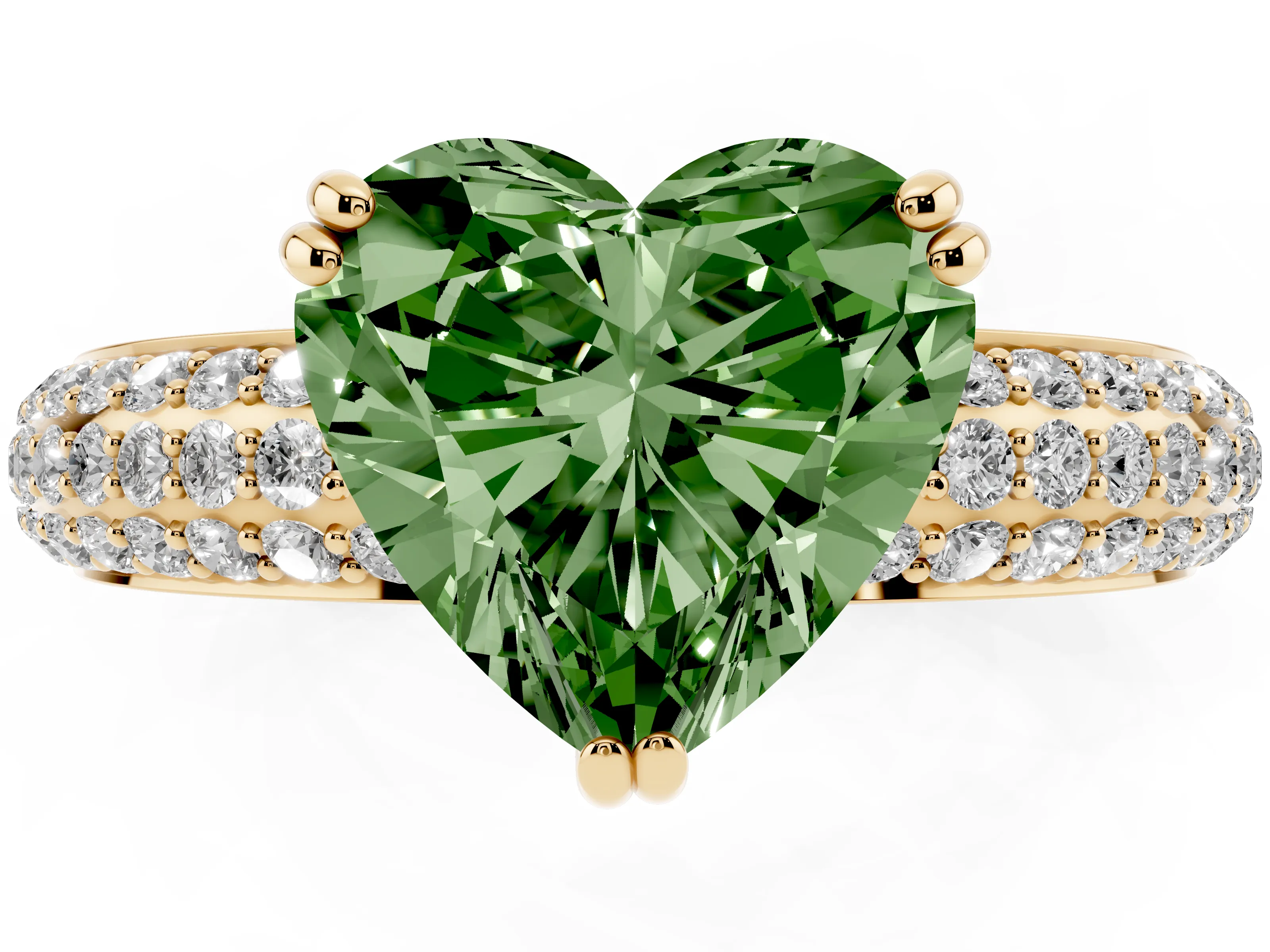 Fancy Green Heart Cut Diamond Solitaire Ring Set in Yellow gold with Multi-Row Round Pavé Band and Prong Setting