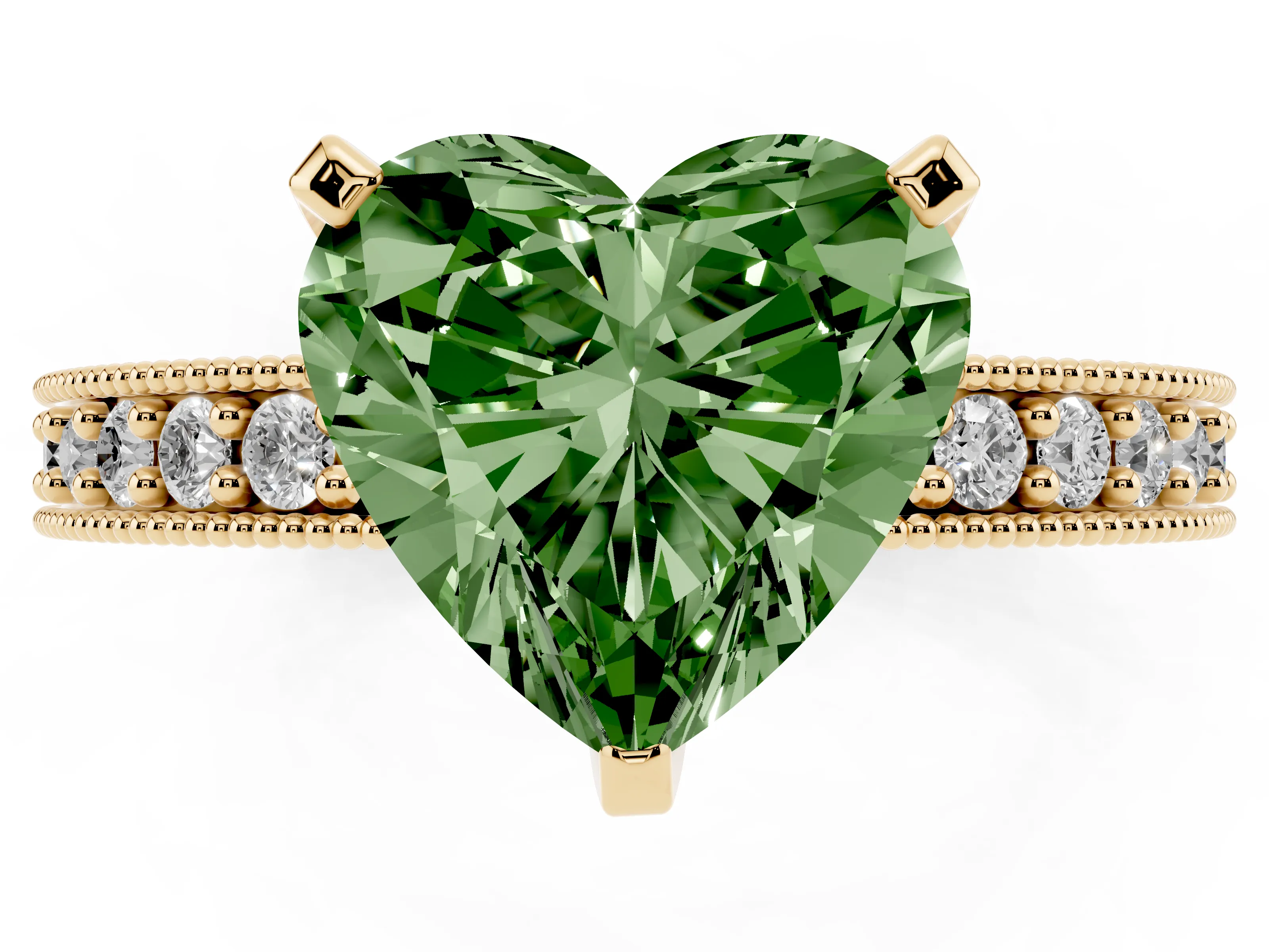 Fancy Green Heart Cut Diamond Milgrain Pavé Engagement Ring Set in Yellow gold with Prong Setting