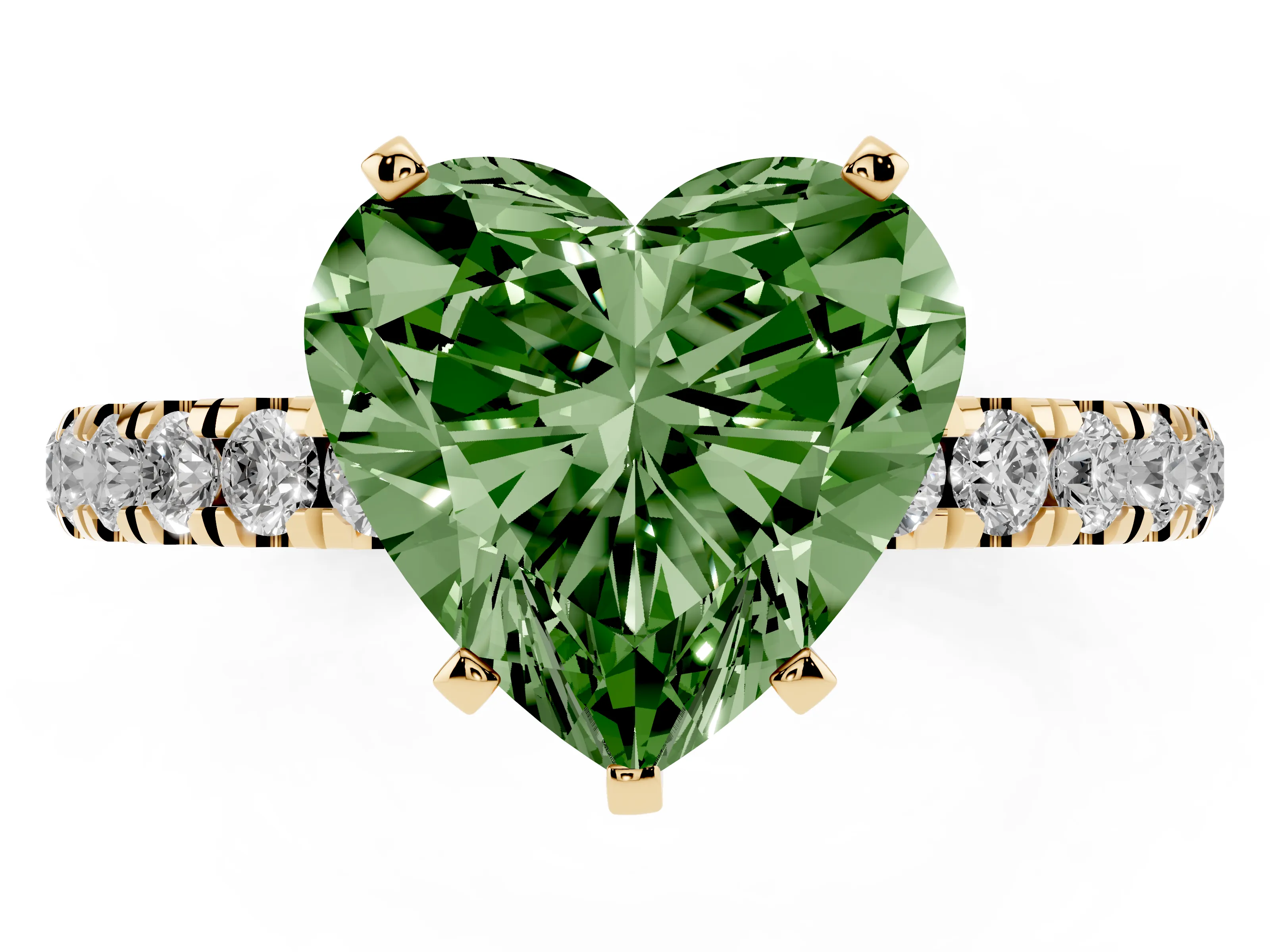 Fancy Green Heart Cut Diamond Solitaire Ring Set in Yellow gold with Pavé Accents and Prong Setting
