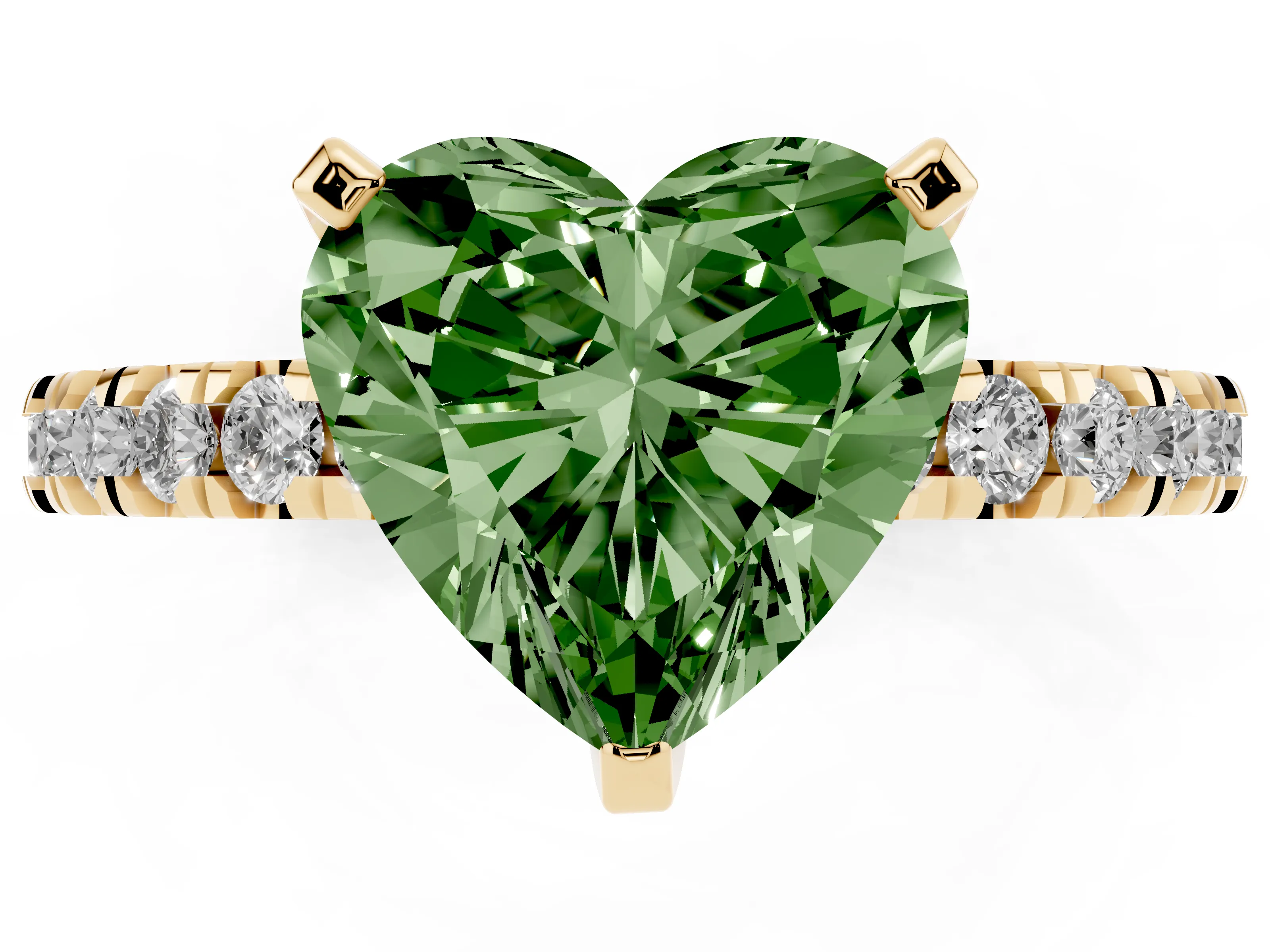 Fancy Green Heart Cut Diamond Pavé Band Solitaire Set in Yellow gold with Prong Setting
