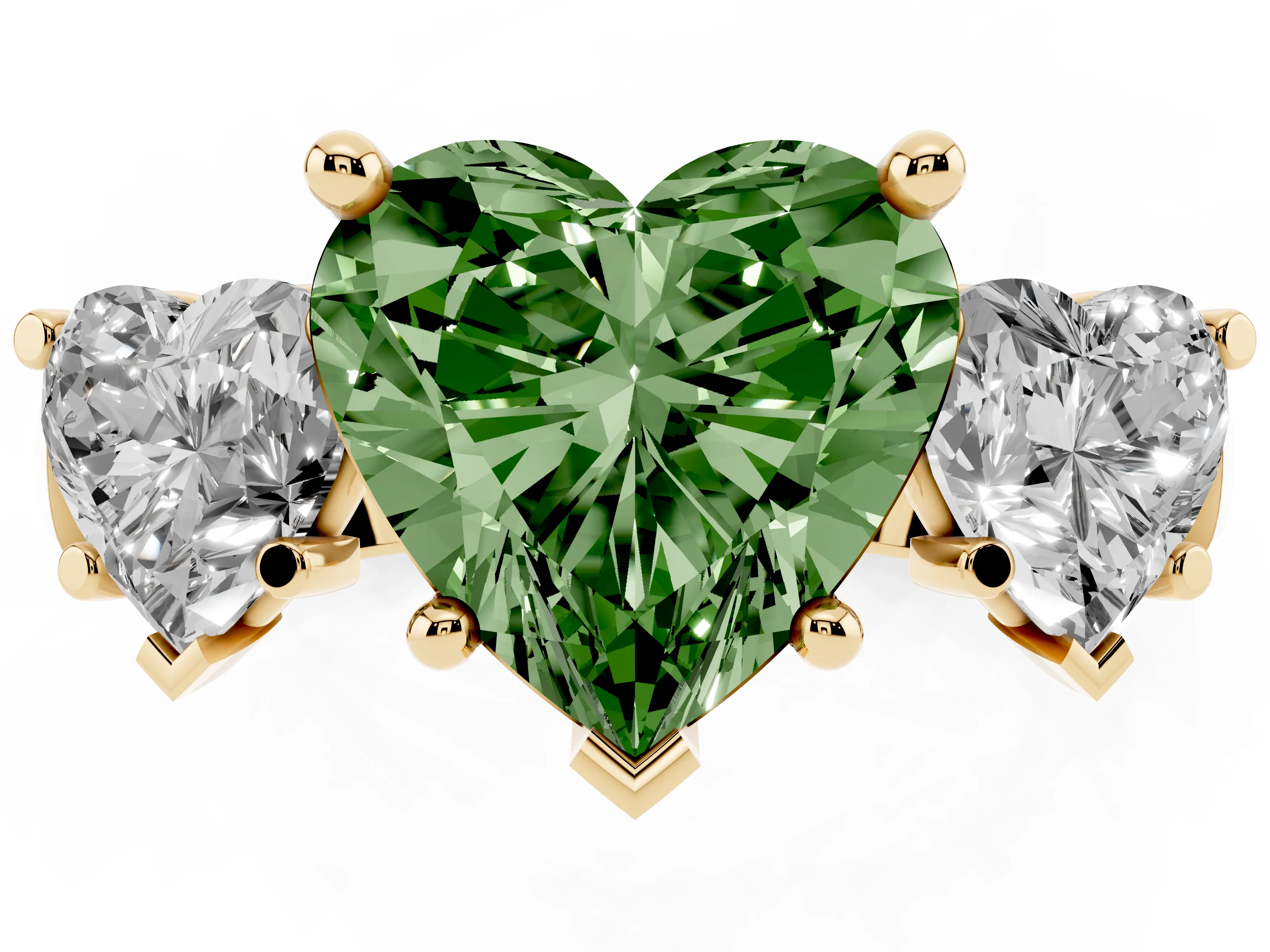 Fancy Green Heart Cut Diamond Three-Stone Trellis Ring Set in Yellow gold with Comfort Fit Band
