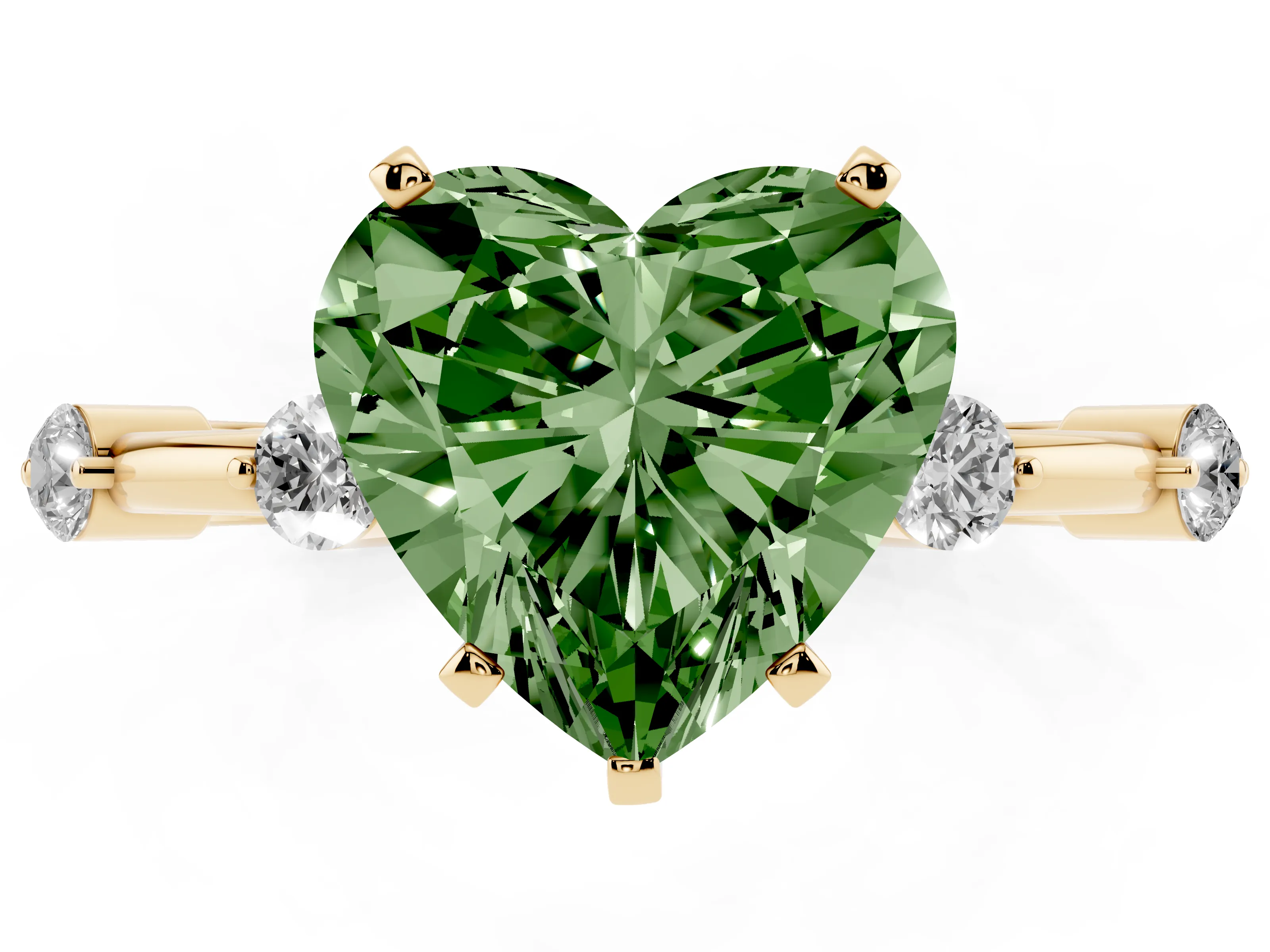 Fancy Green Heart Cut Diamond Solitaire Ring Set in Yellow gold with Bezel Set Side Stones and Prong Setting