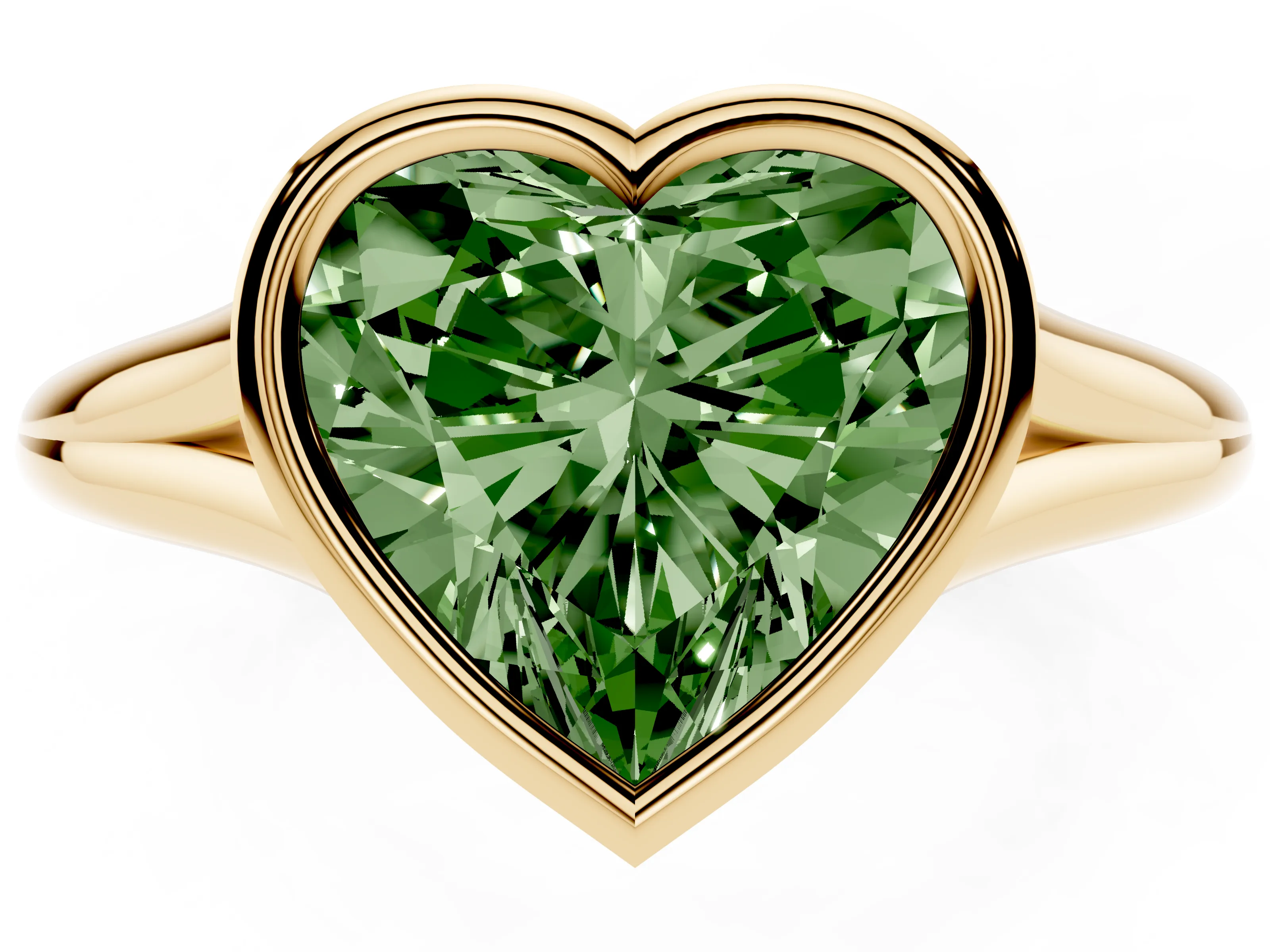 Fancy Green Bezel Set Heart Cut Diamond Solitaire Ring Set in Yellow gold with Tapered Band