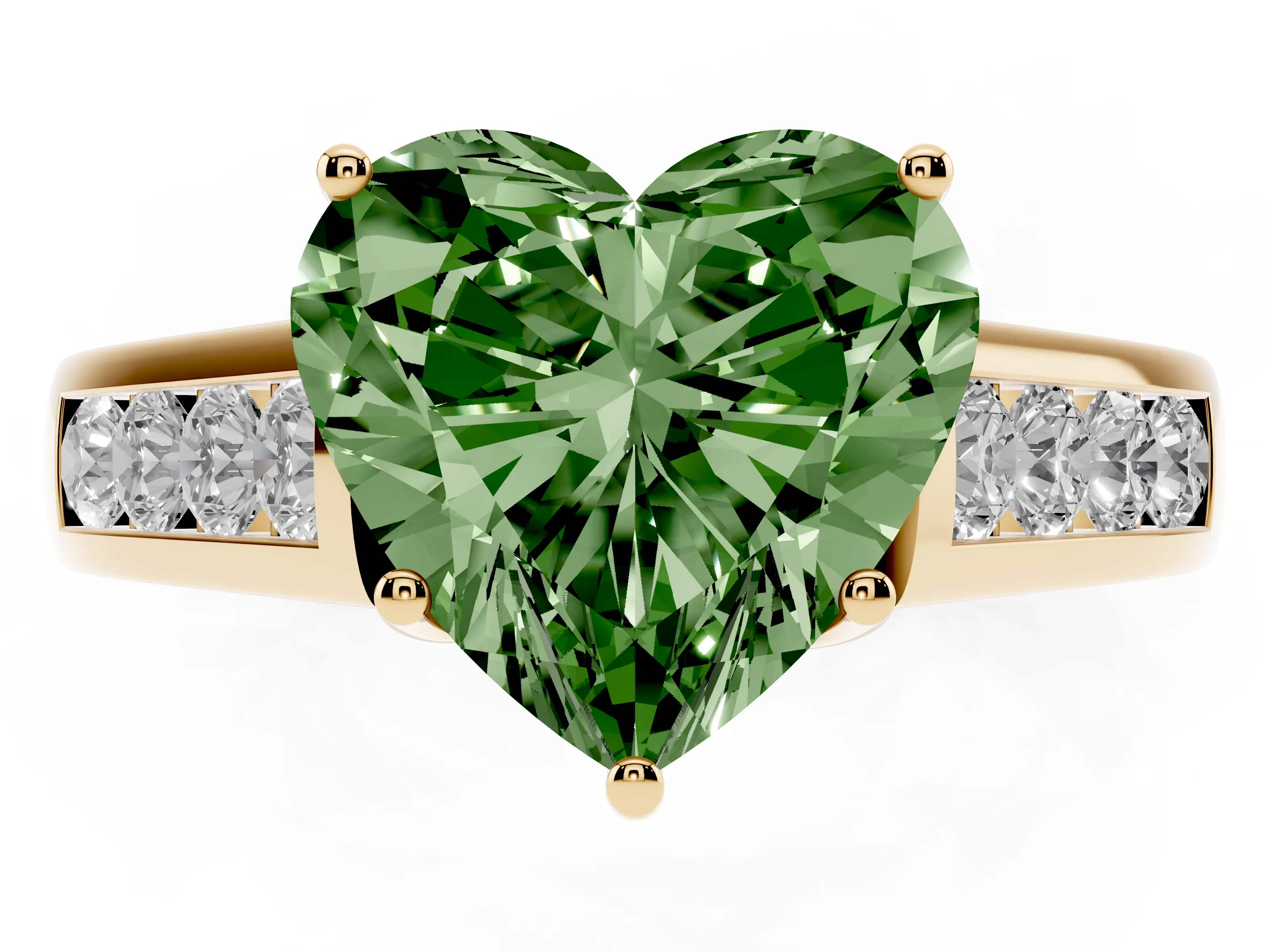 Fancy Green Heart Cut Diamond Solitaire Channel-Set Engagement Ring Set in Yellow gold with Prong Setting