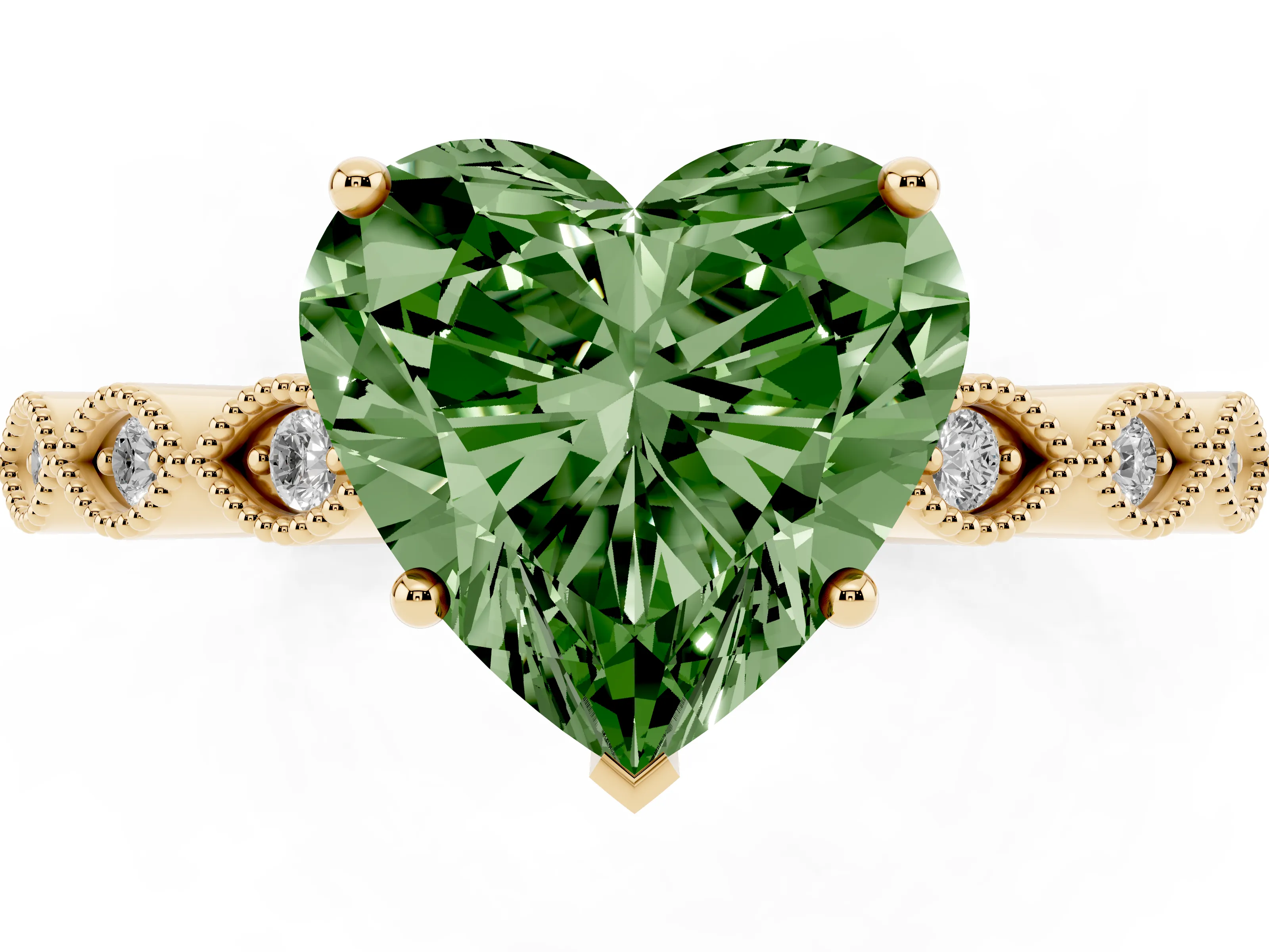 Fancy Green Heart Cut Diamond Solitaire Ring Set in Yellow gold with Infinity Twist Pavé Band