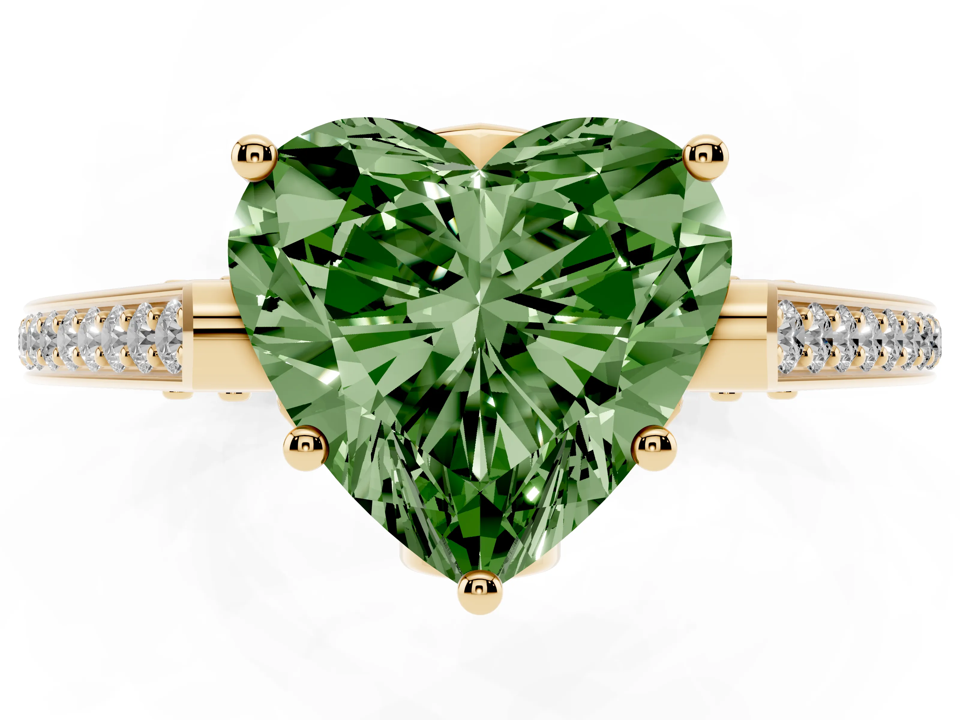 Fancy Green Heart Cut Diamond Cathedral Pavé Engagement Ring Set in Yellow gold with Prong Setting