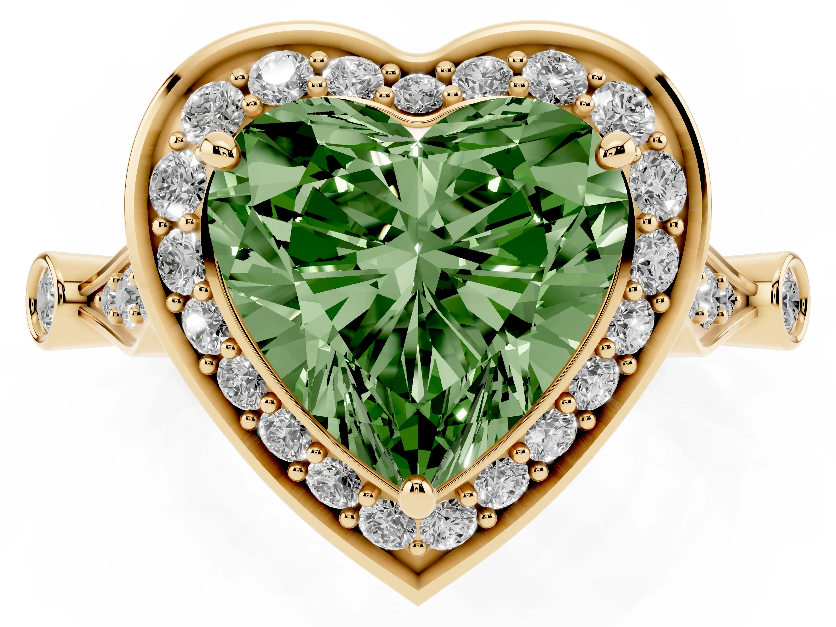 Fancy Green Heart Cut Diamond Halo Engagement Ring Set in Yellow gold with Twisted Band and Prong Setting