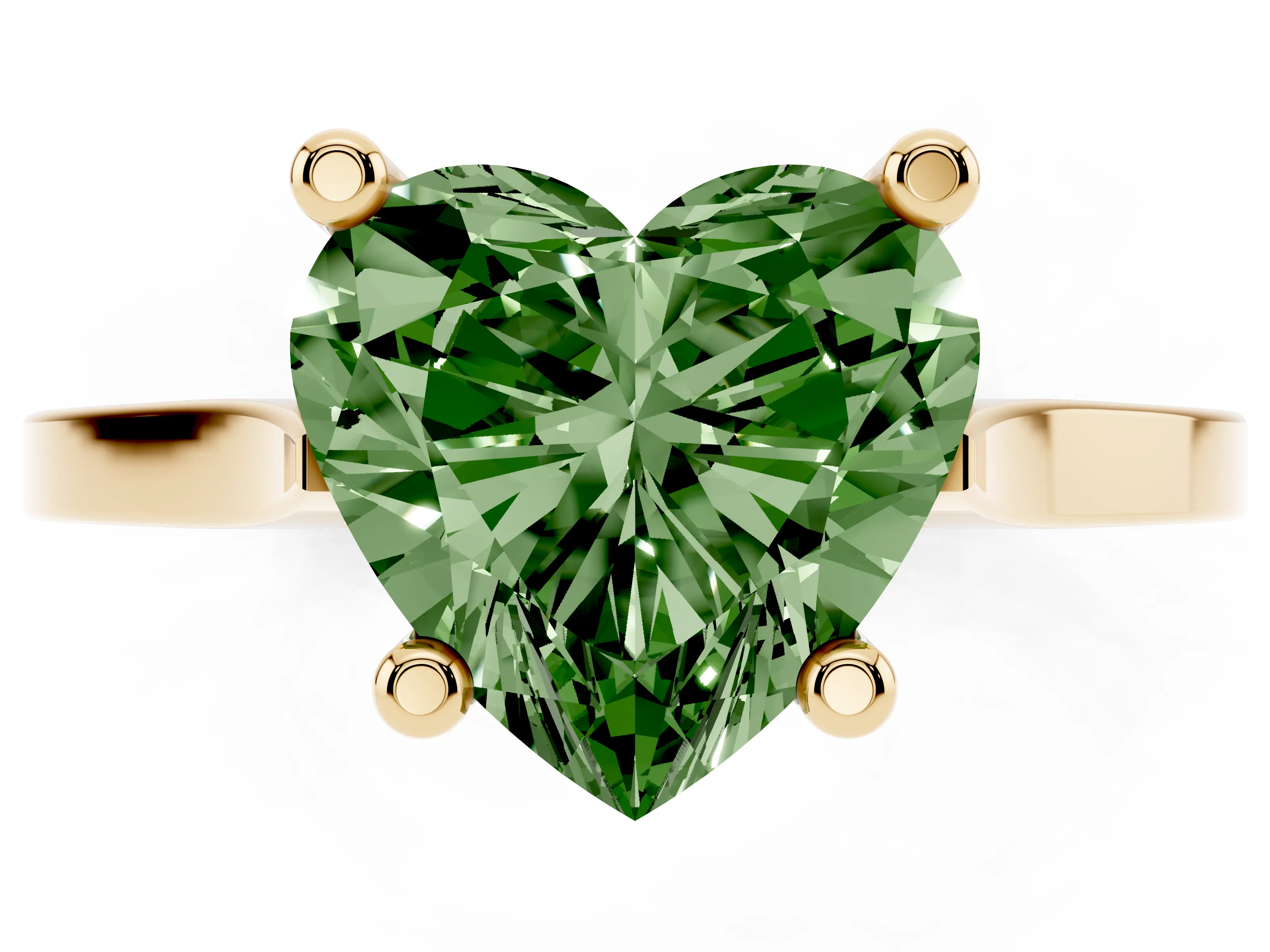 Fancy Green Heart Cut Diamond Solitaire Ring Set in Yellow gold with Prong Setting and Tapered Band
