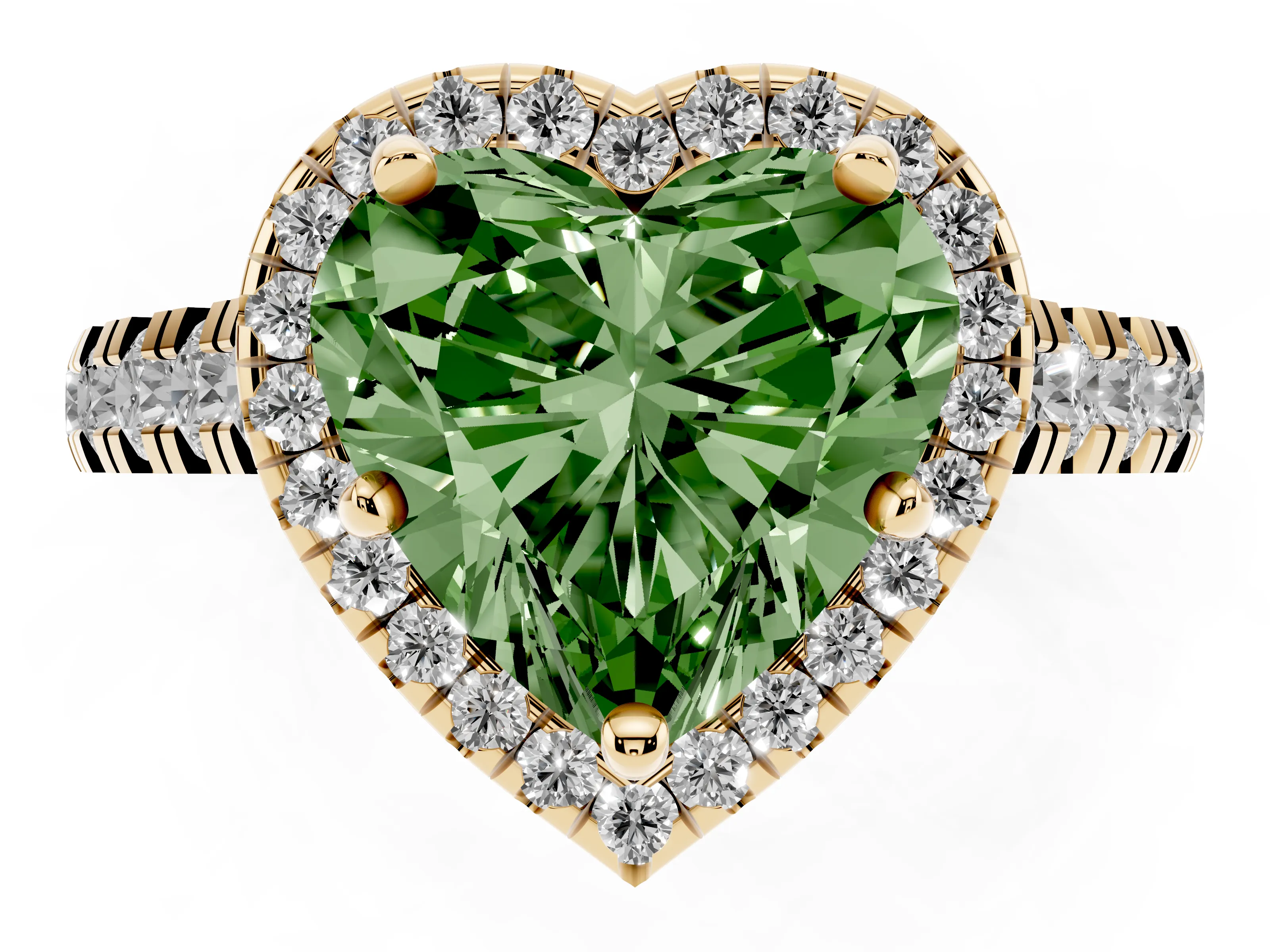 Fancy Green Heart Cut Diamond Halo Engagement Ring Set in Yellow gold with Pavé Band and Prong-Set Center