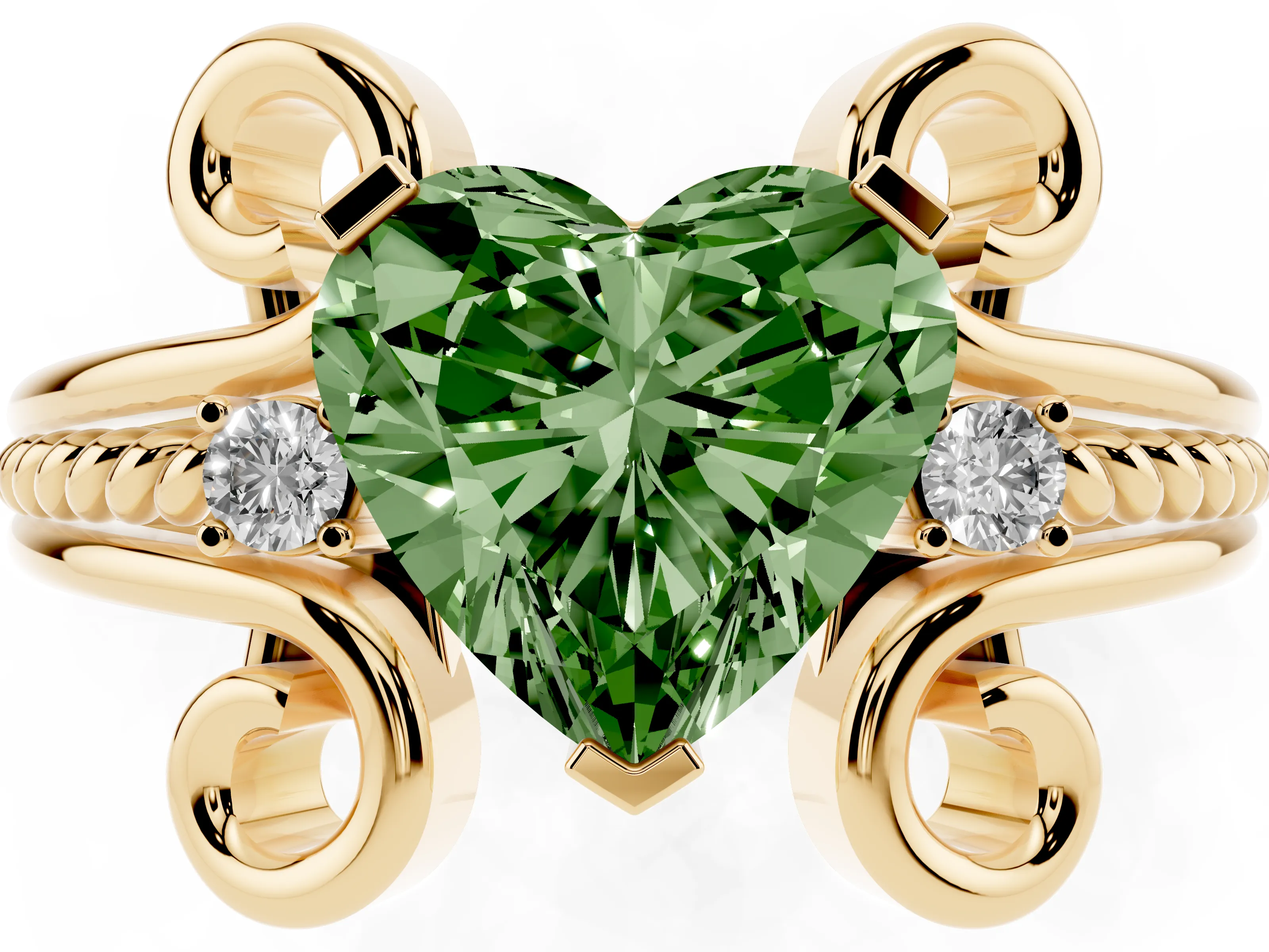 Fancy Green Heart Cut Diamond Twisted Band Solitaire Ring Set in Yellow gold with Scroll Prongs