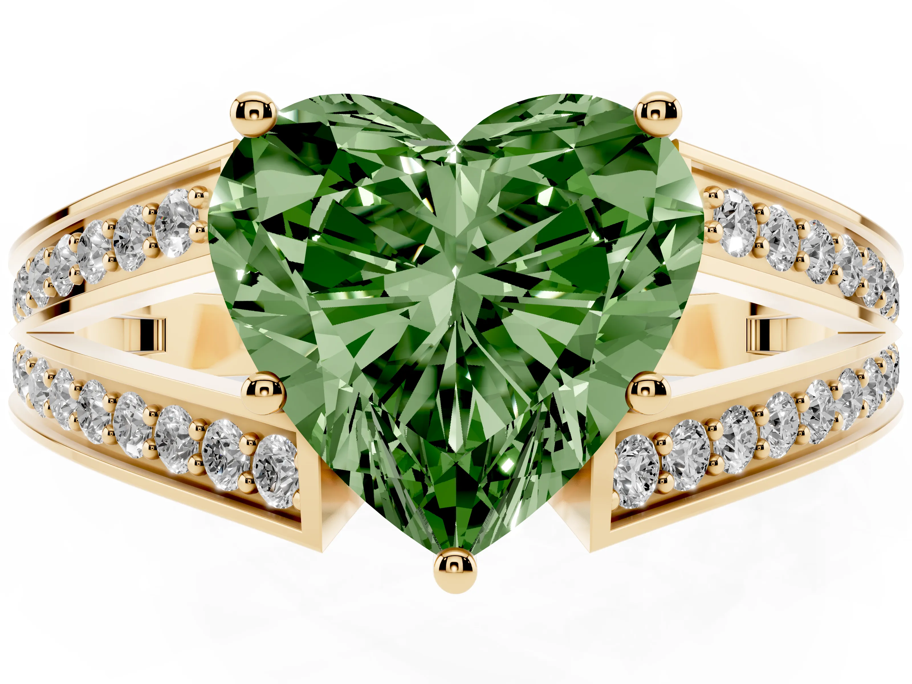 Fancy Green Heart Cut Diamond Split Shank Ring Set in Yellow gold with Pavé Band and Prong Setting