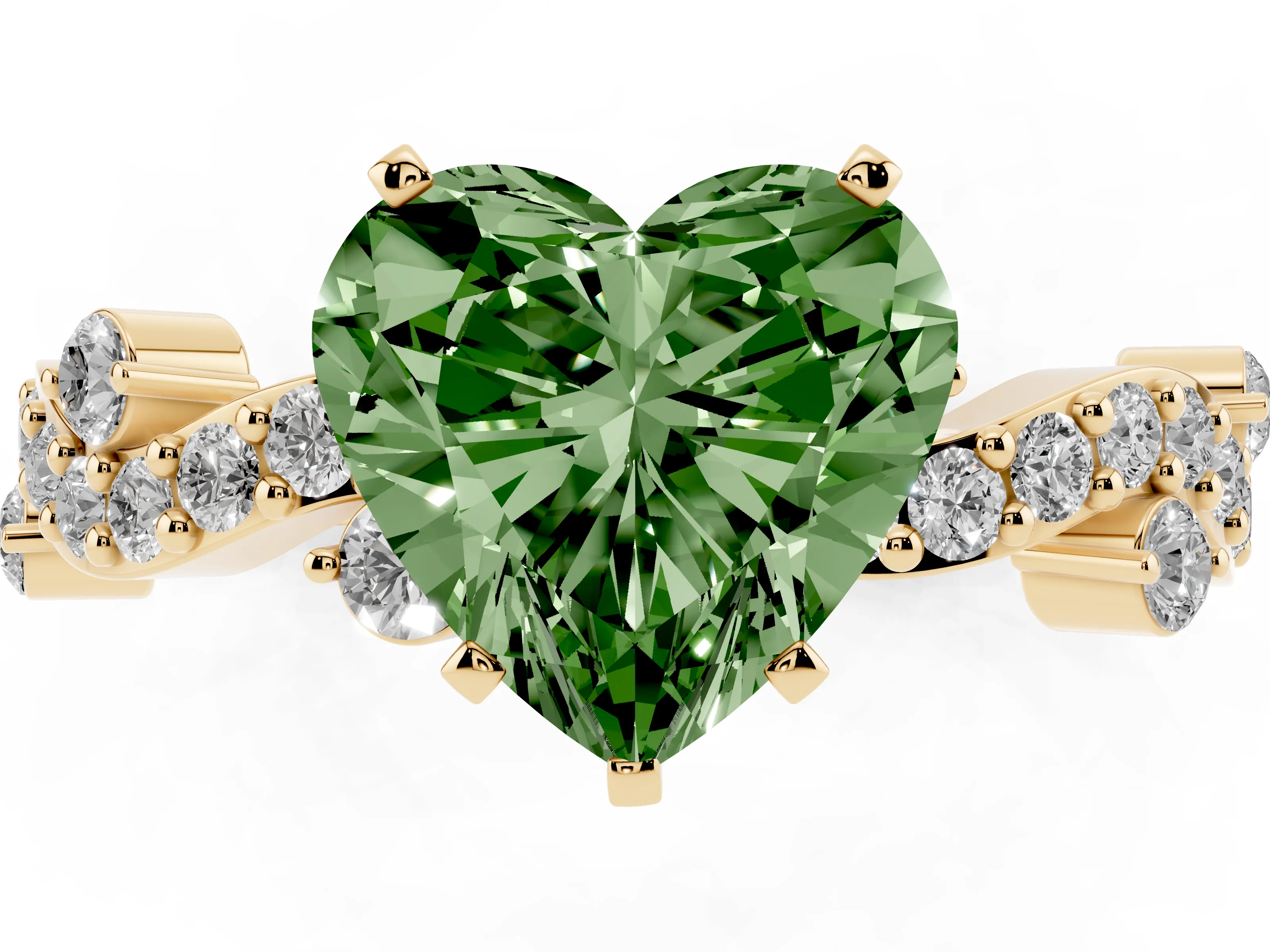 Fancy Green Heart Cut Diamond Solitaire Twisted Band Set in Yellow gold with Pavé Setting