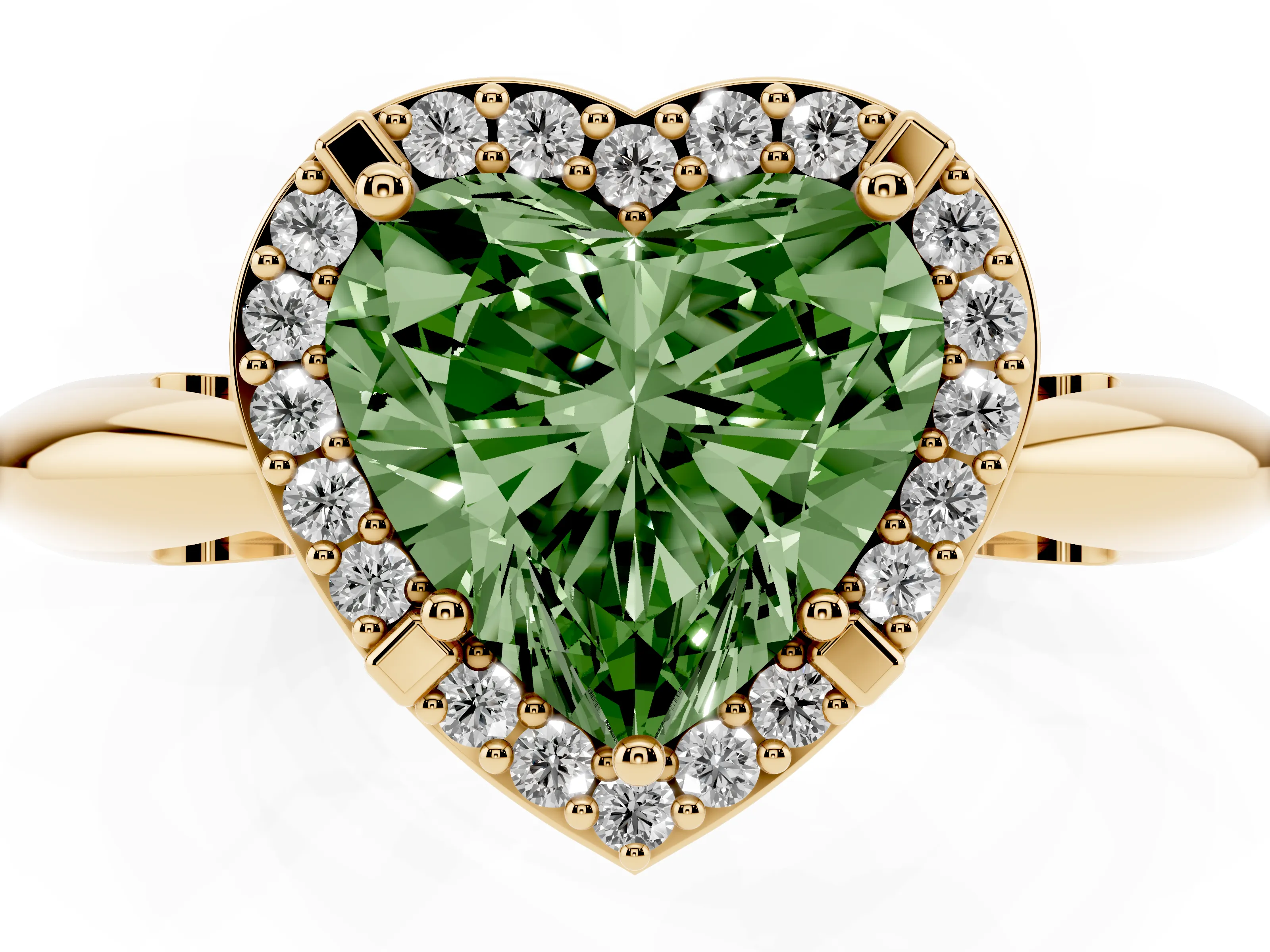 Fancy Green Heart Cut Diamond Halo Engagement Ring Set in Yellow gold with Plain Split Shank and Prong Setting