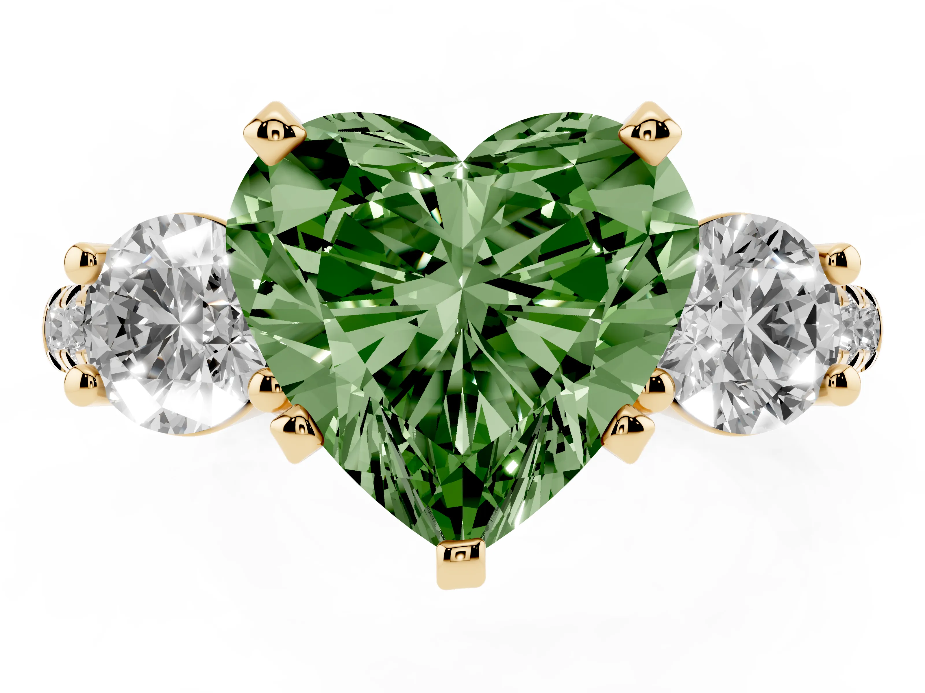 Fancy Green Three-Stone Heart Cut Diamond Pavé Band Ring Set in Yellow gold with Prong-Set Trio
