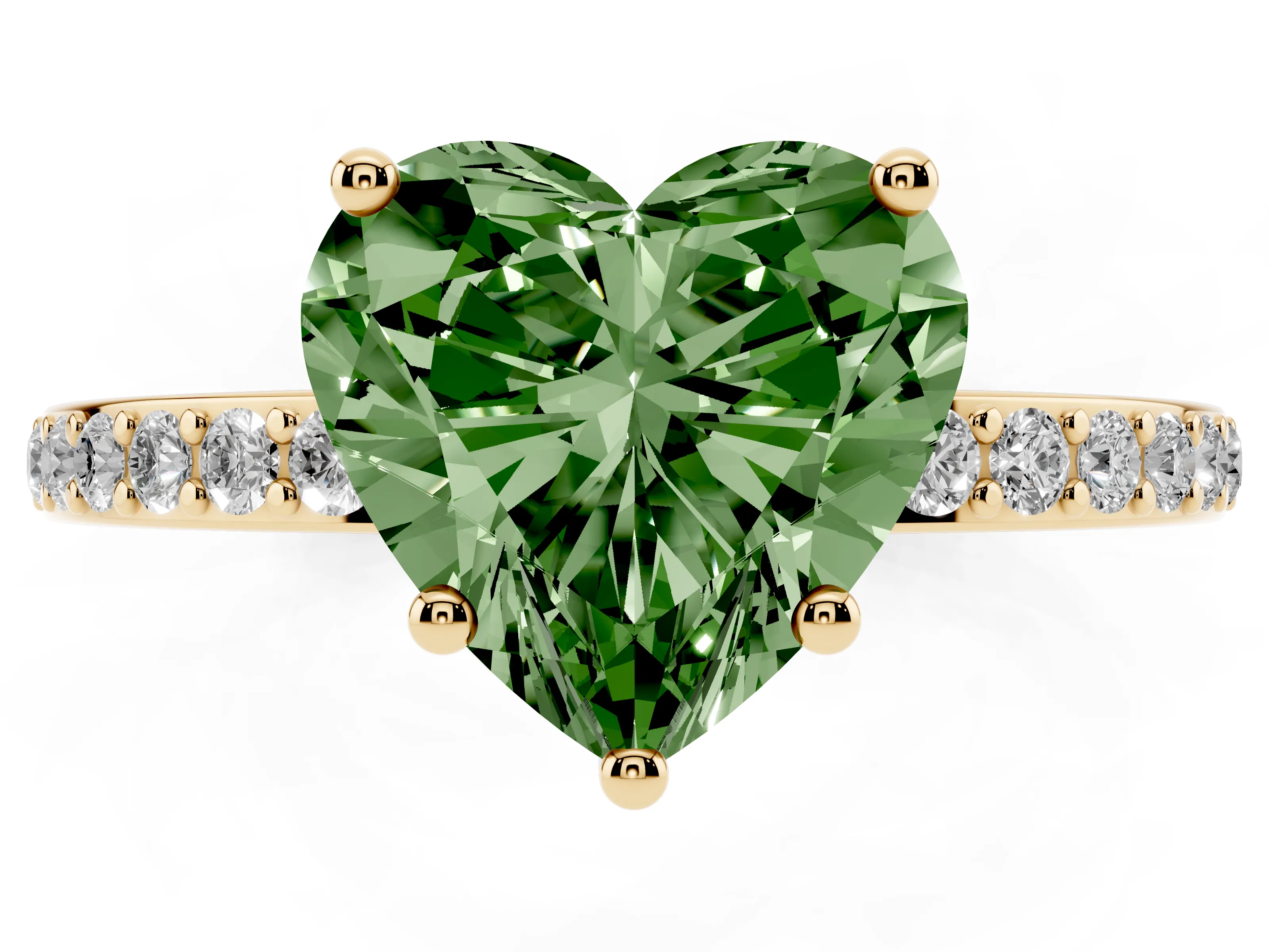 Fancy Green Heart Cut Diamond Pavé Band Ring Set in Yellow gold with Prong-Set Center Stone