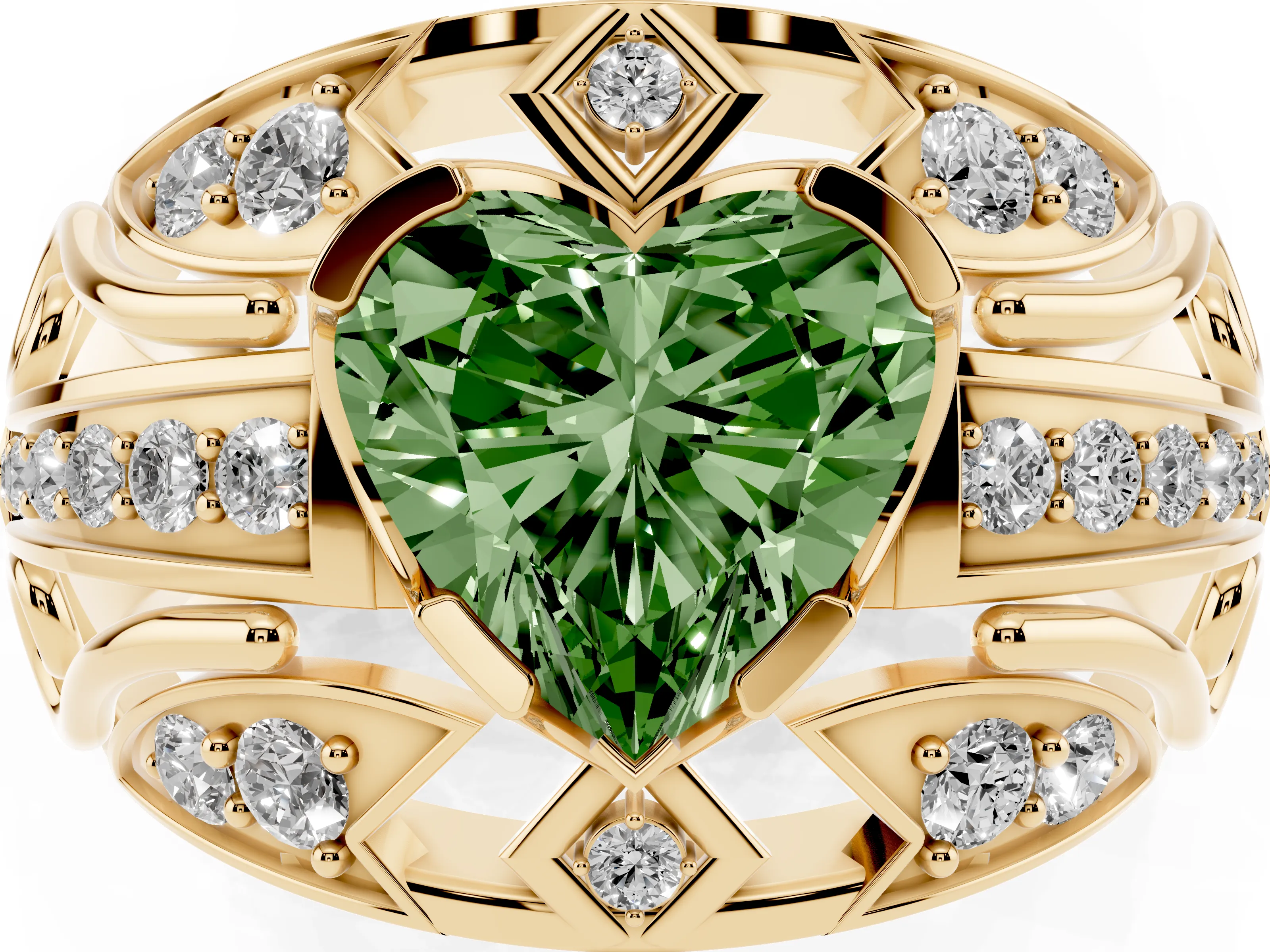 Fancy Green Heart Cut Diamond Art Deco Ring Set in Yellow gold with Pavé Split Shank