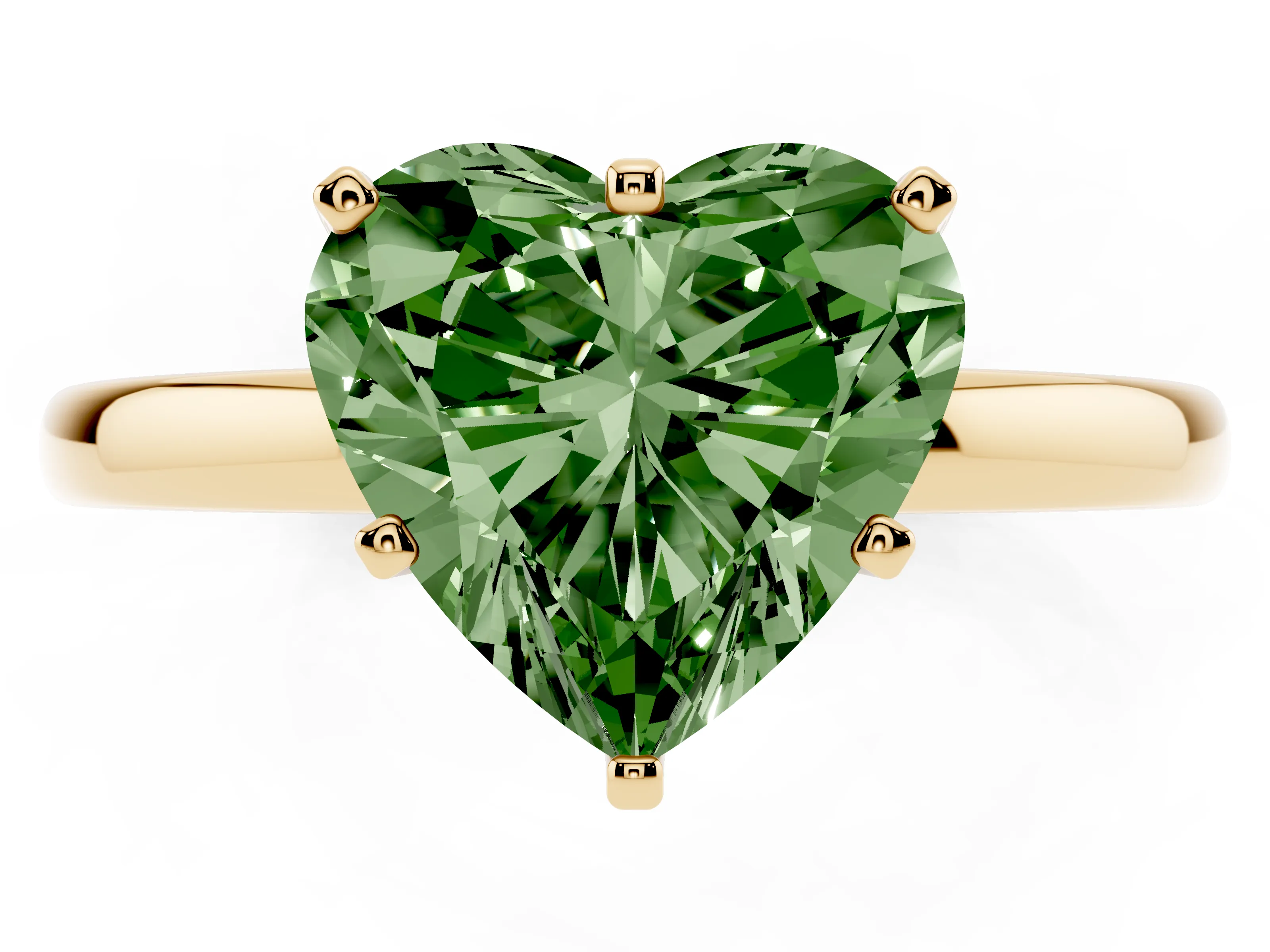 Fancy Green Heart Cut Diamond Solitaire Ring Set in Yellow gold with Raised Prong Setting on a Classic Band
