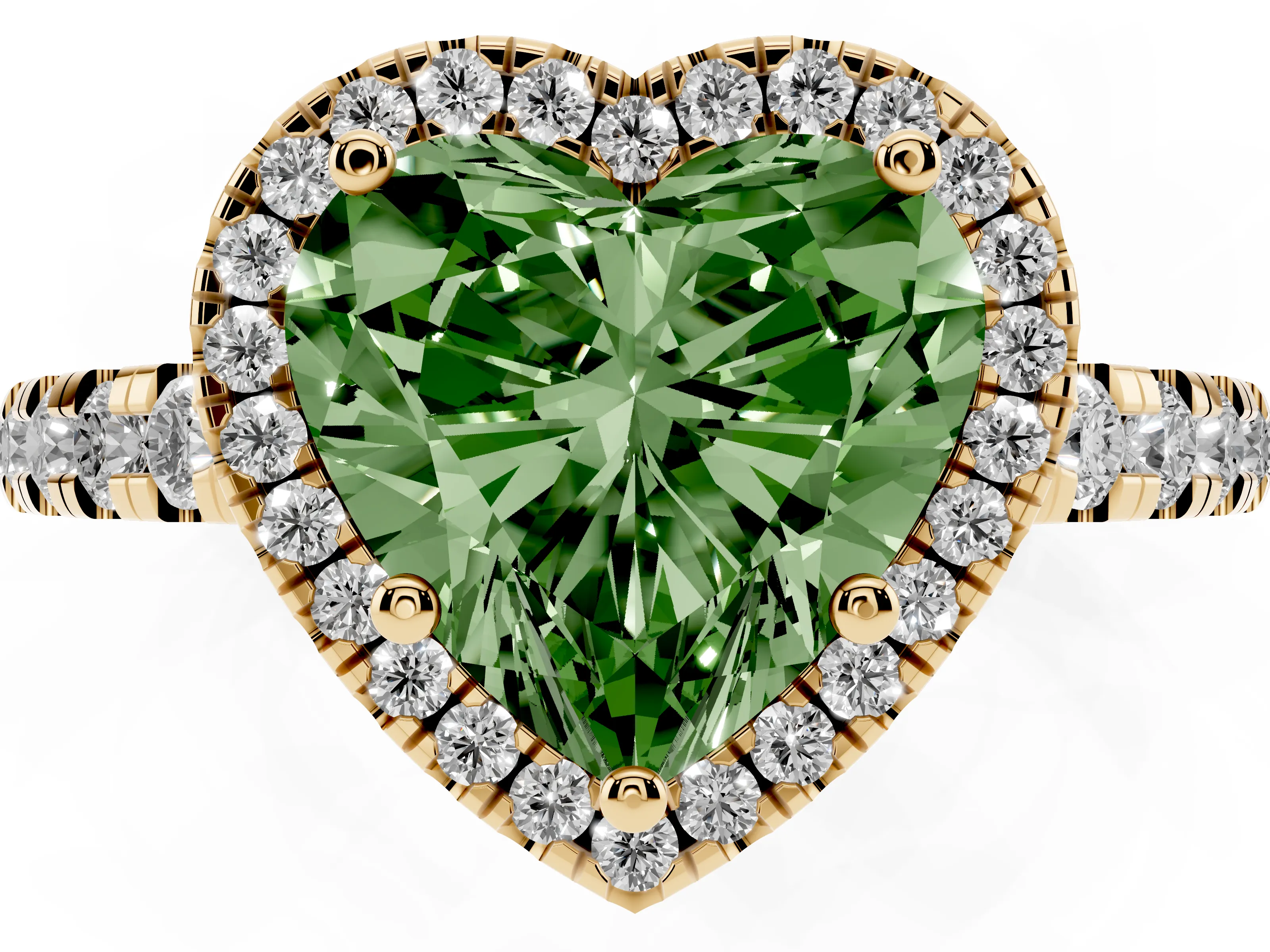Fancy Green Heart Cut Diamond Halo Ring Set in Yellow gold with Delicate Pavé Band and Prong Setting
