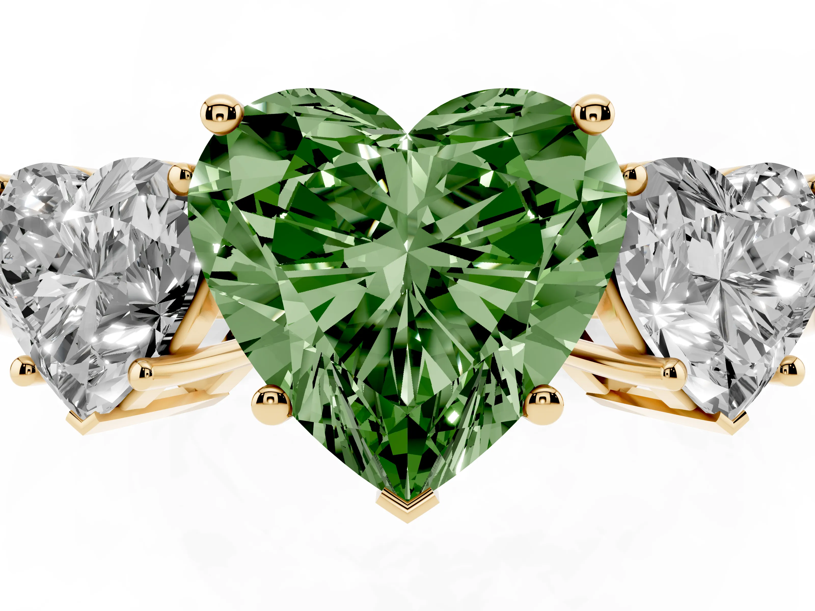 Fancy Green Heart Cut Diamond Three-Stone Engagement Ring Set in Yellow gold with Flat Band