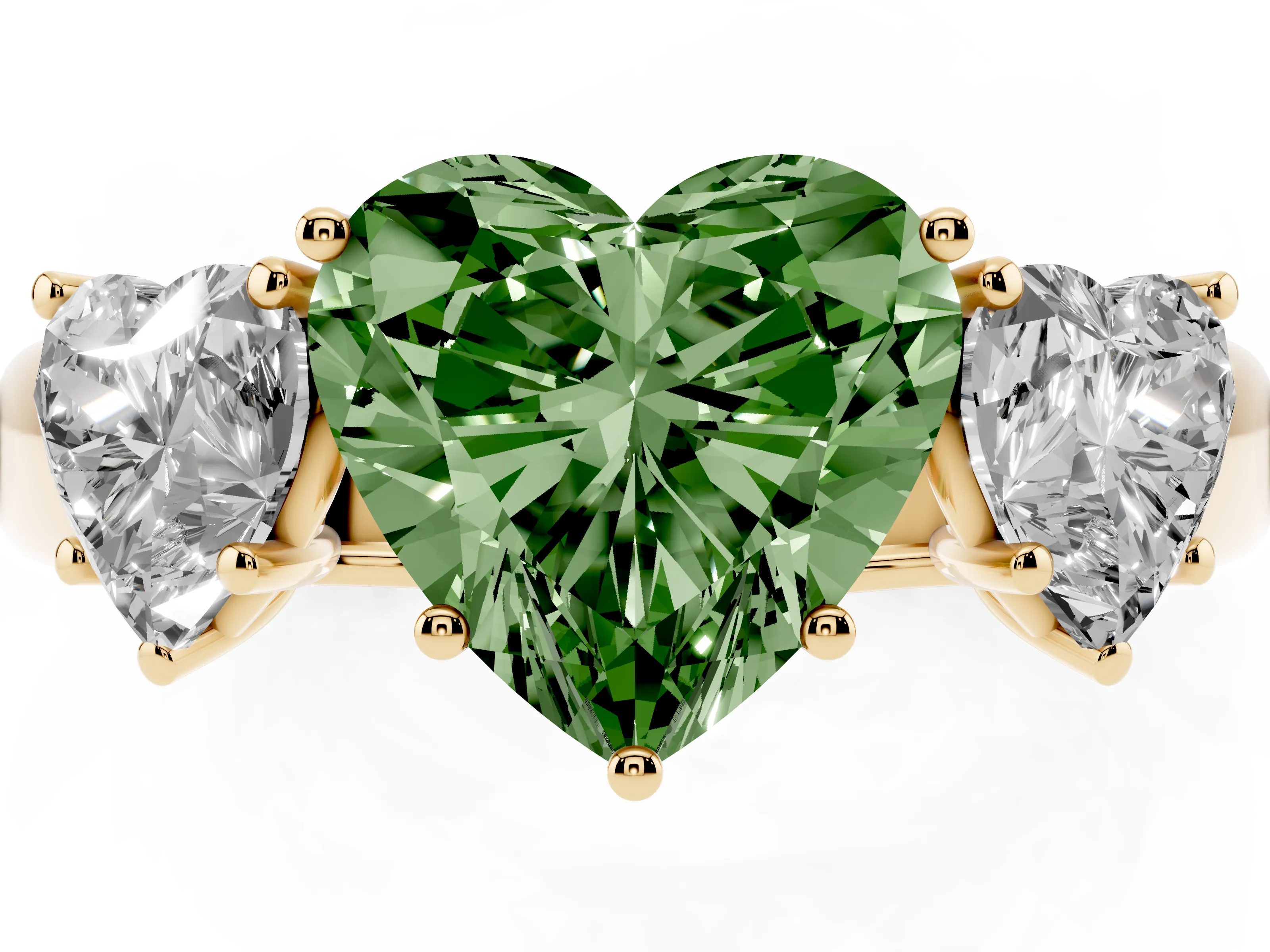 Fancy Green Three-Stone Heart Cut Diamond Ring Set in Yellow gold with Matching Prong Settings and Plain Band