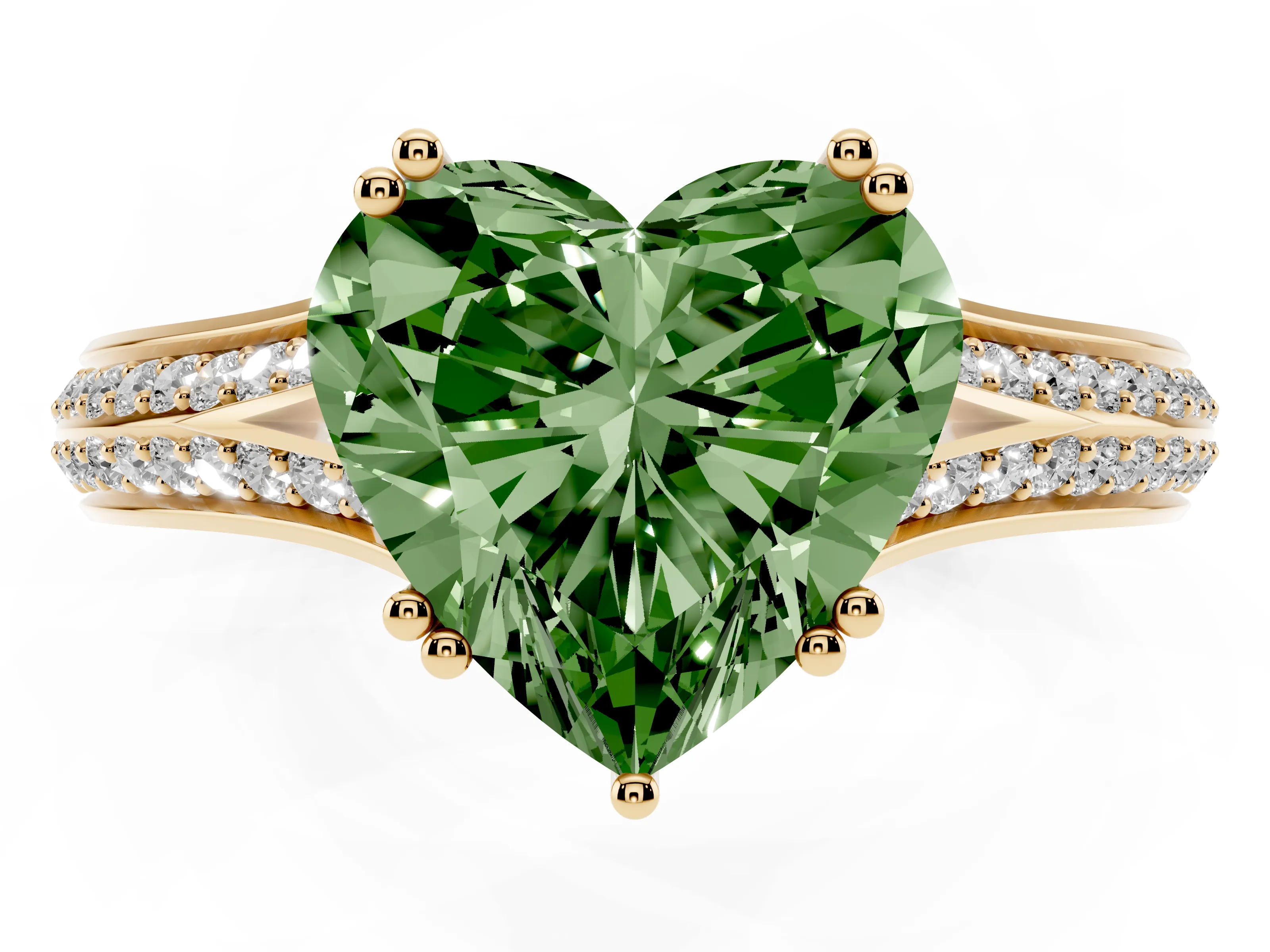 Fancy Green Heart Cut Diamond Split Shank Pavé Engagement Ring Set in Yellow gold with Prong-Set Center Stone