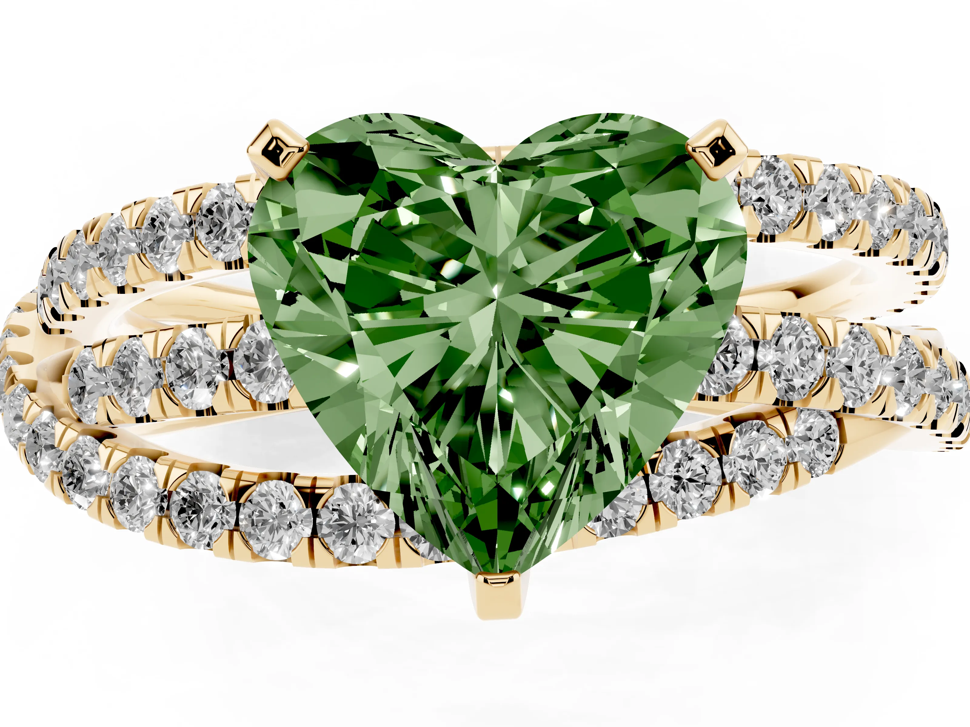 Fancy Green Heart Cut Diamond Solitaire Twist Band Ring Set in Yellow gold with Pavé Setting and Prong Head