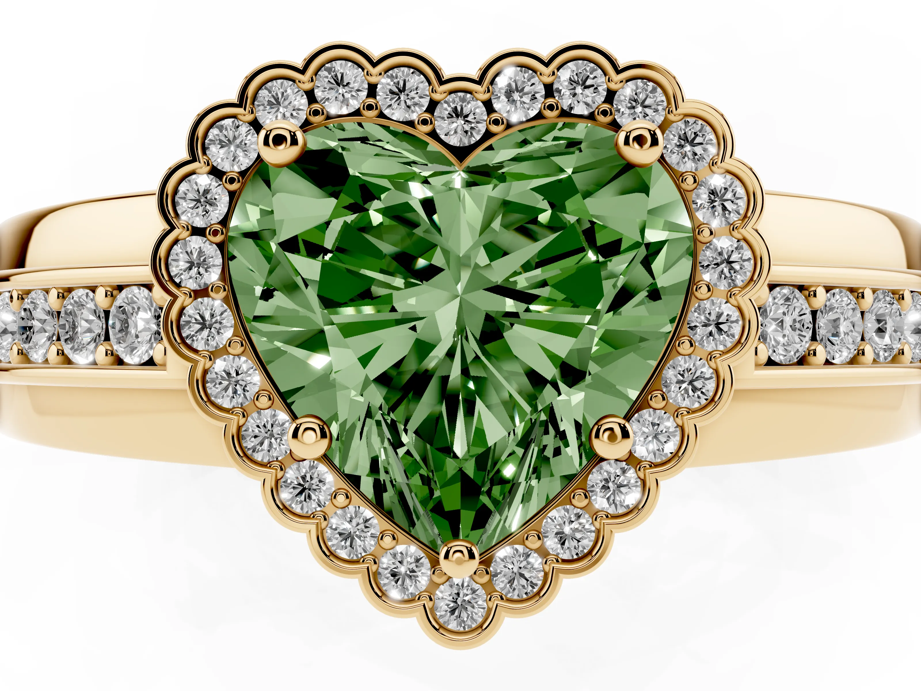Fancy Green Heart Cut Diamond Halo Prong Ring Set in Yellow gold with Pavé Band
