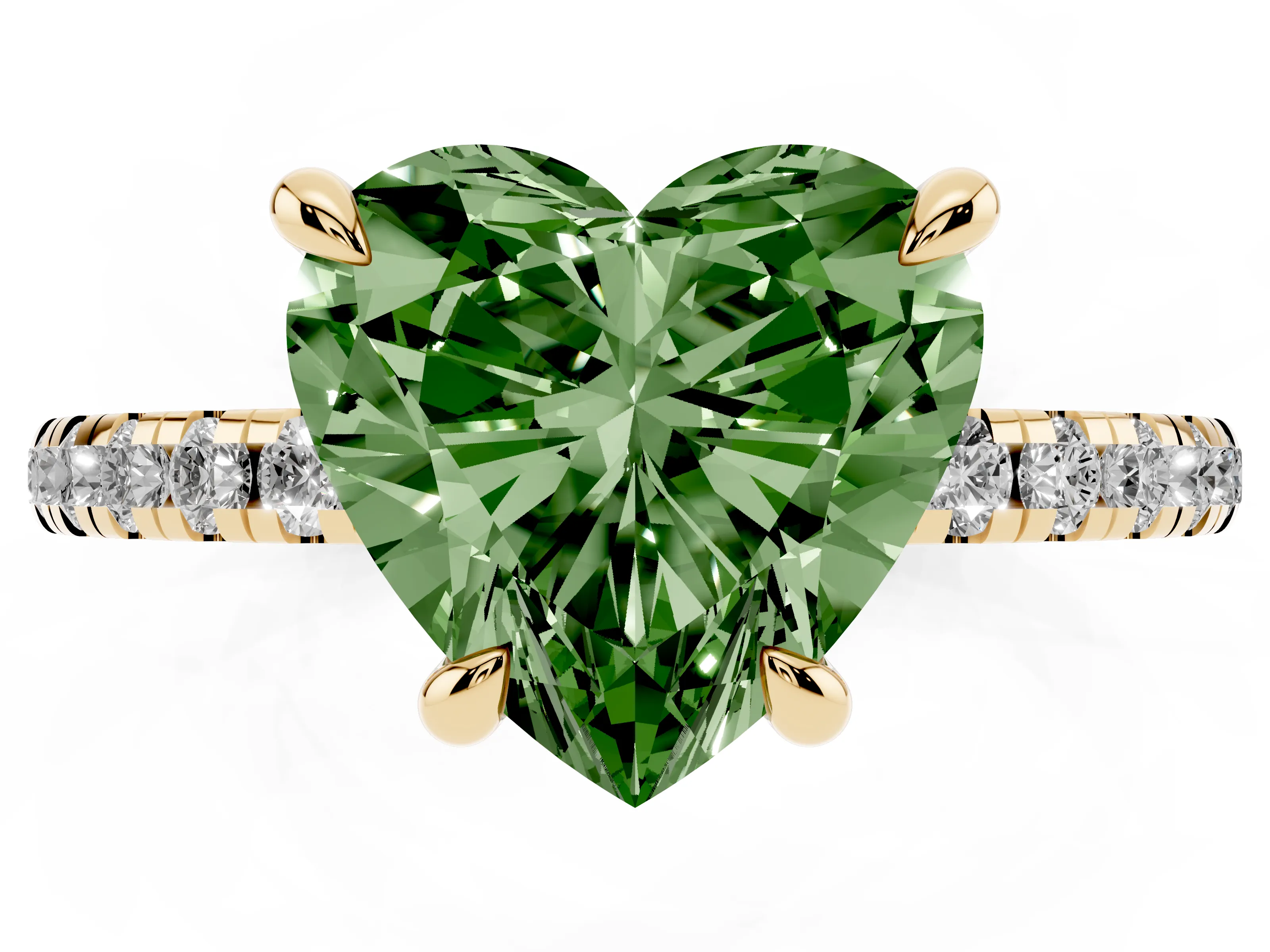 Fancy Green Heart Cut Diamond Brilliant Solitaire Ring Set in Yellow gold with Pavé Band and Prong Setting
