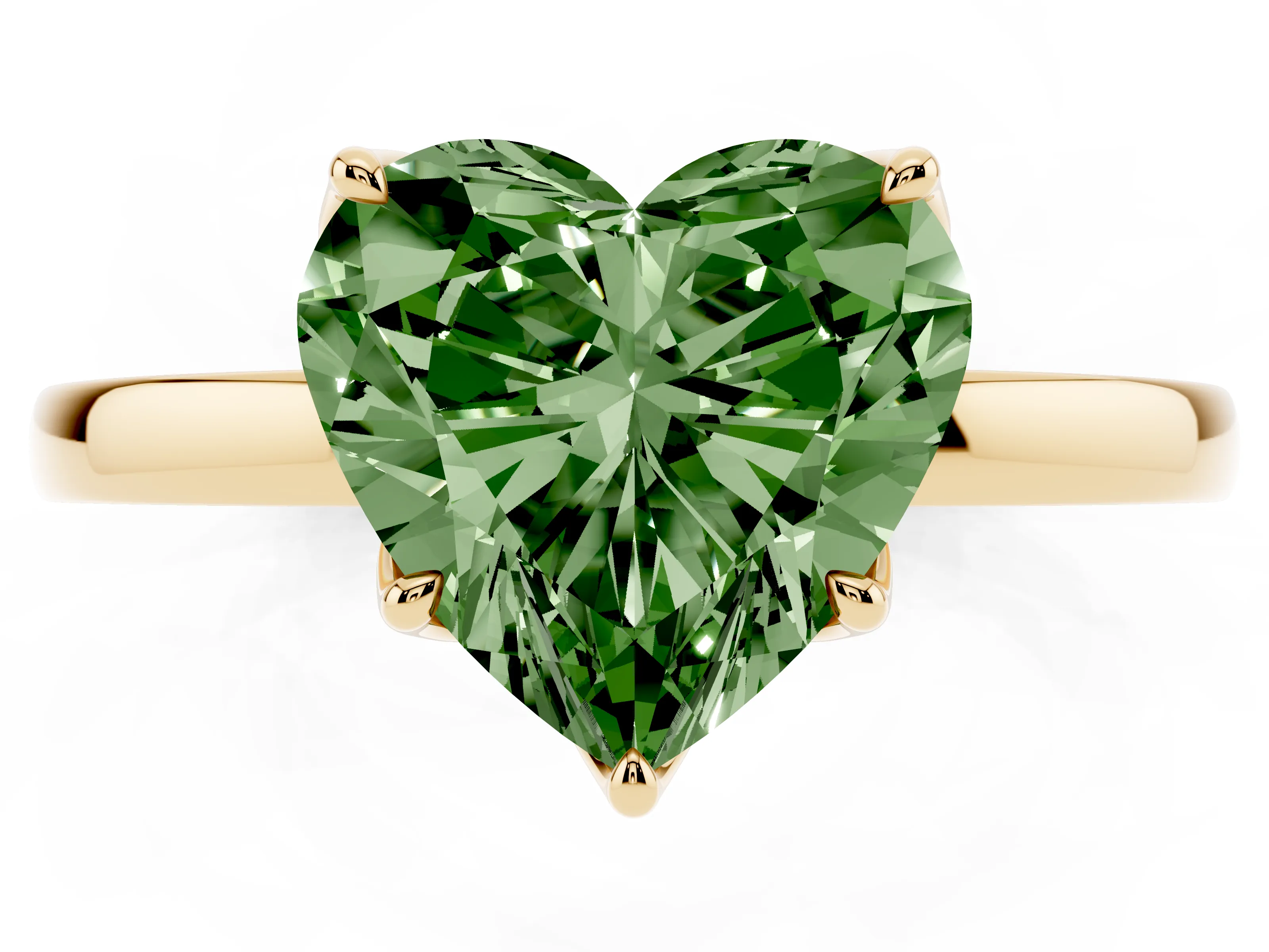 Fancy Green Heart Cut Diamond Solitaire Ring Set in Yellow gold with Prong Setting and Thin Polished Band