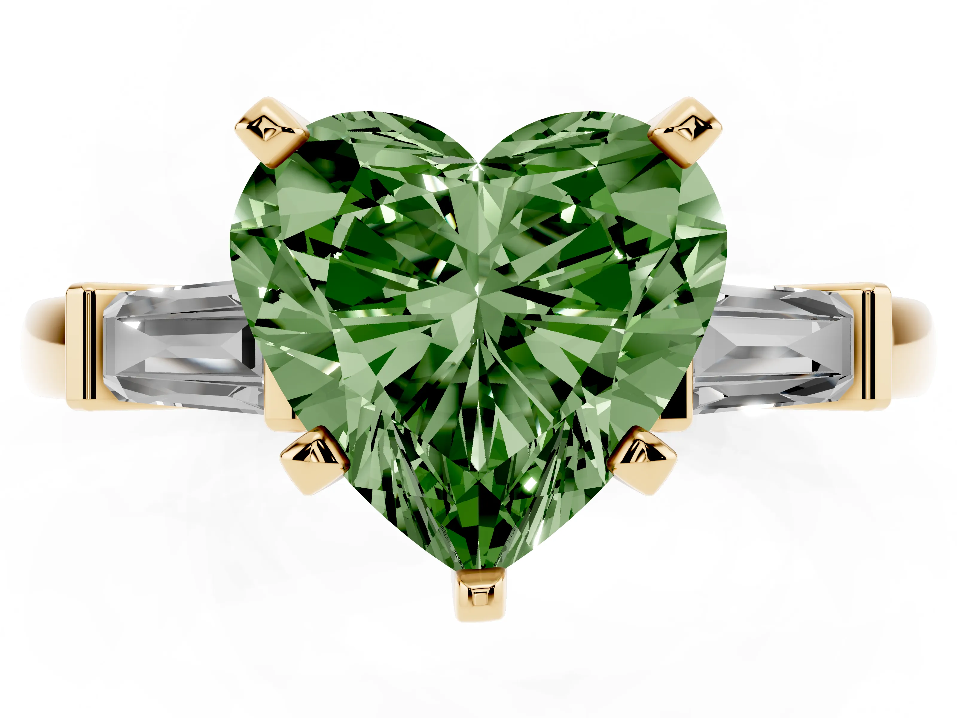 Fancy Green Heart Cut Diamond Solitaire Ring Set in Yellow gold with Tapered Baguette Accents and Prong Setting