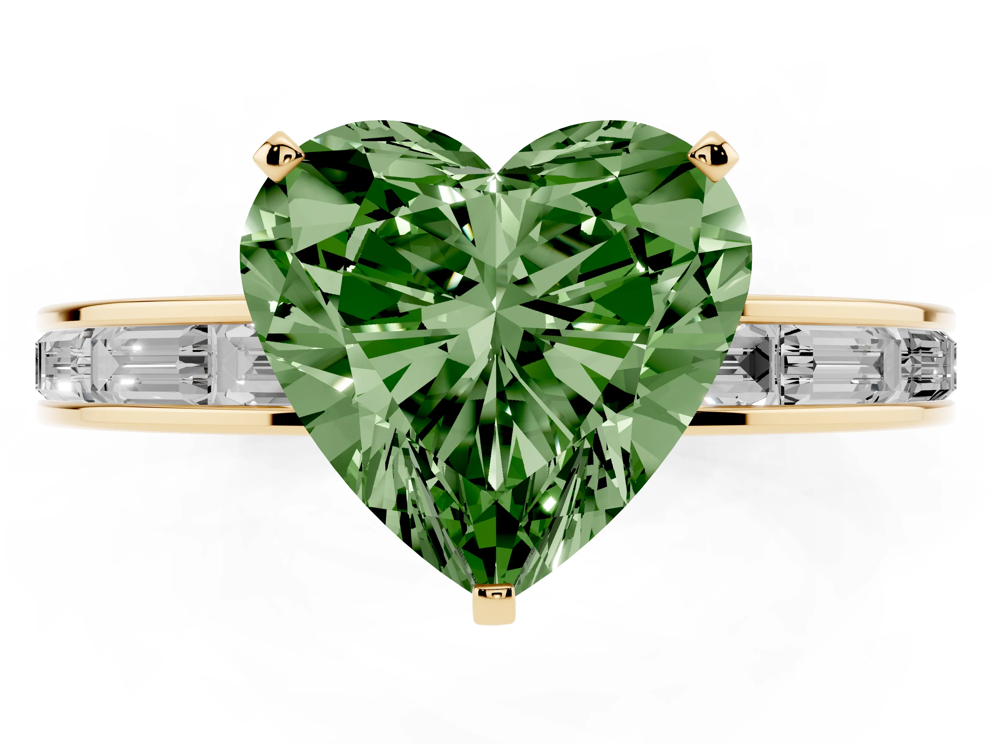 Fancy Green Heart Cut Diamond Solitaire Ring Set in Yellow gold with Channel-Set Baguette Band and Prong Setting