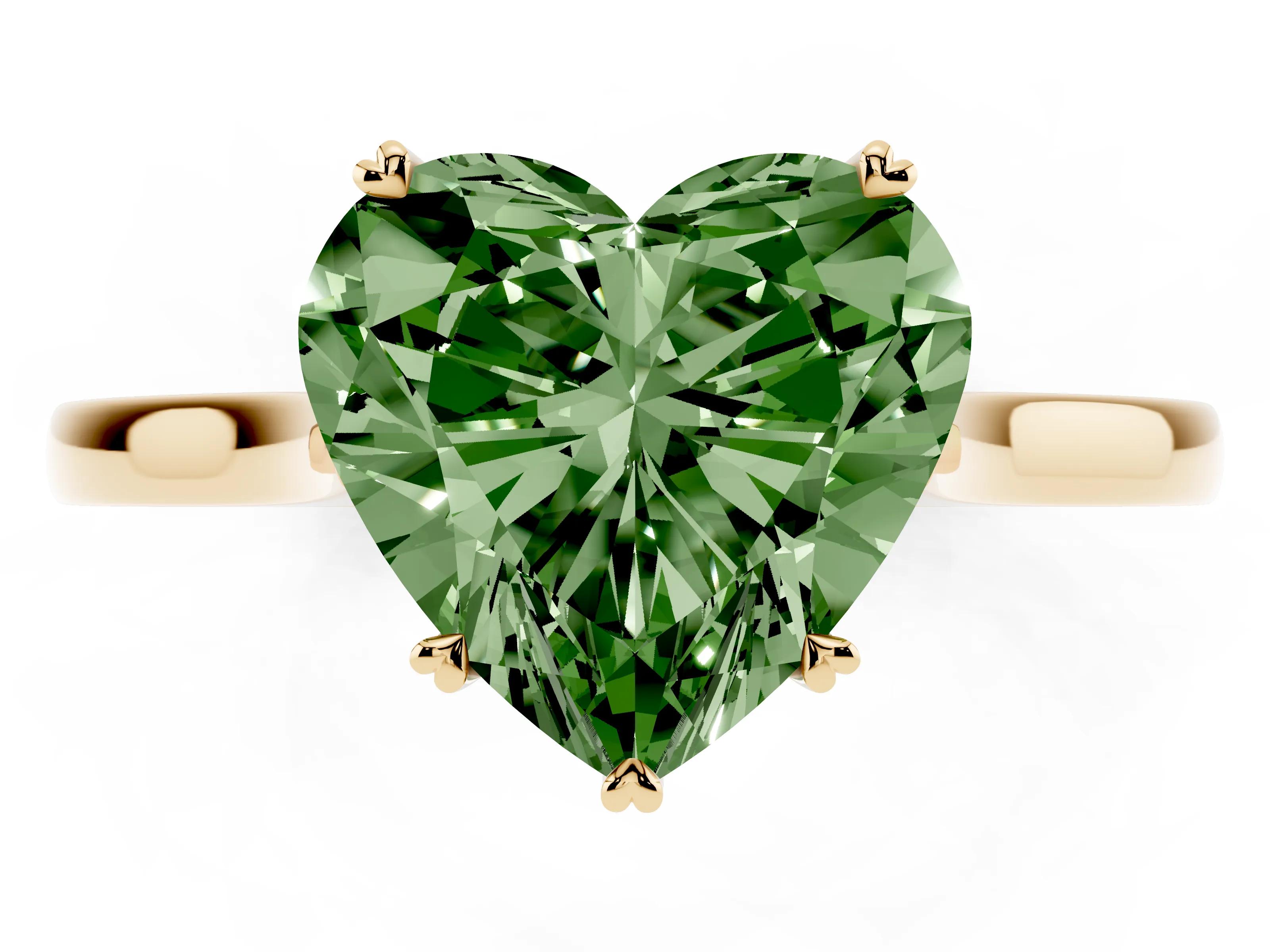 Fancy Green Heart Cut Diamond Solitaire Heart Prong Engagement Ring Set in Yellow gold with Tapered Band