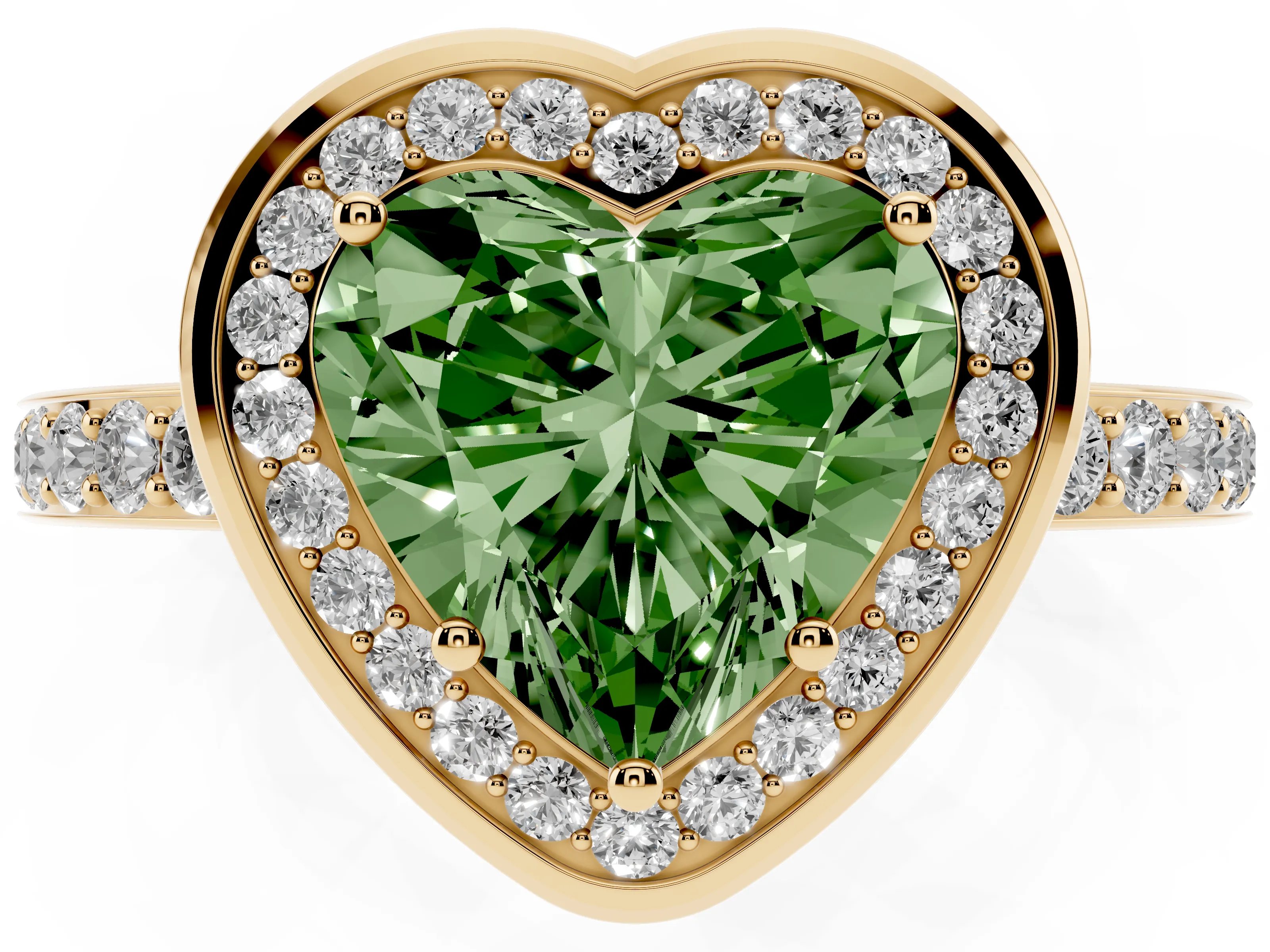 Fancy Green Heart Cut Diamond Halo Ring Set in Yellow gold with Bezel Frame and Pavé Band
