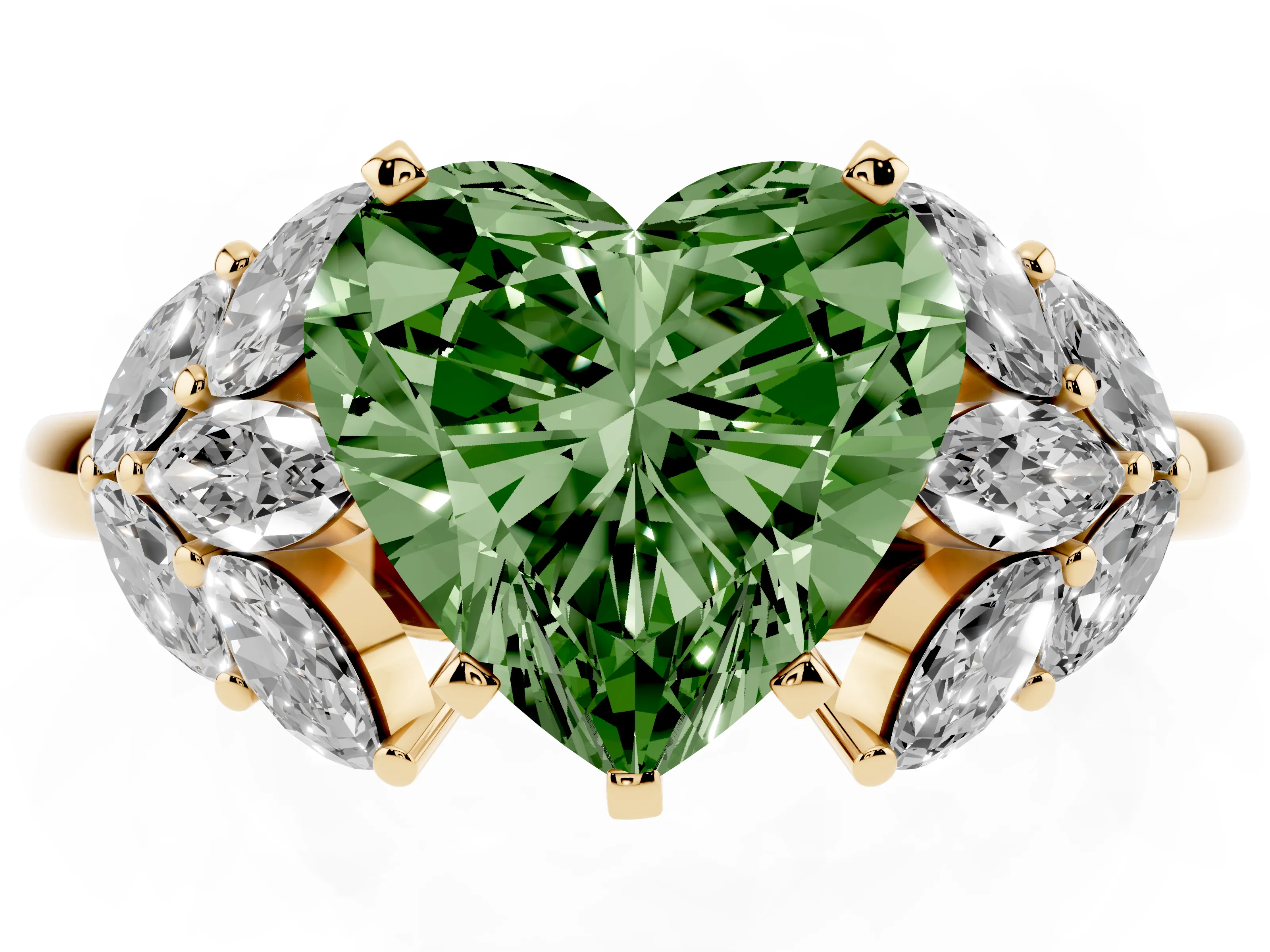 Fancy Green Heart Cut Diamond Cluster Leaf Design Ring Set in Yellow gold with Prong Setting