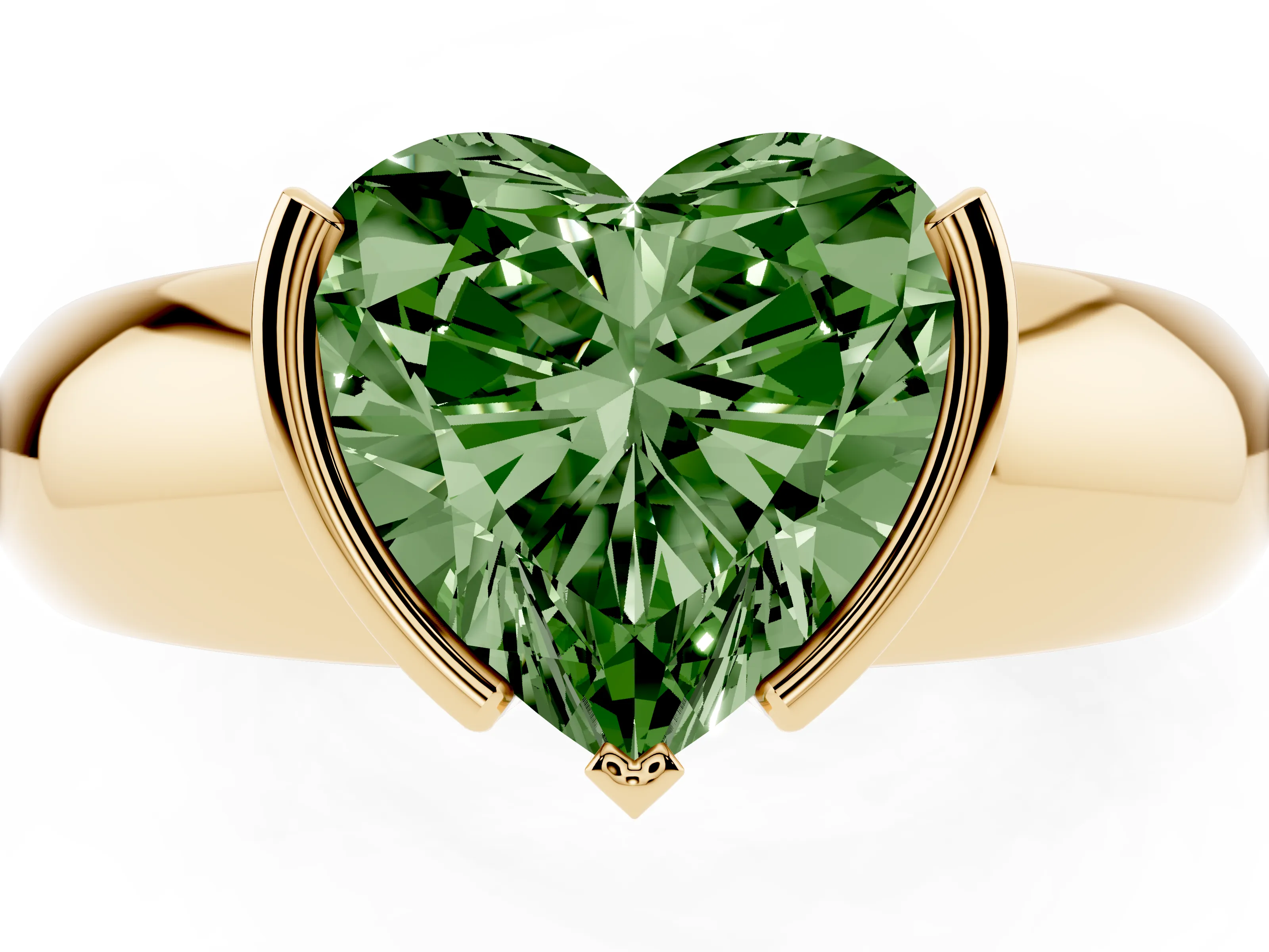 Fancy Green Heart Cut Diamond Solitaire Tension Set Ring Set in Yellow gold with Wide Band