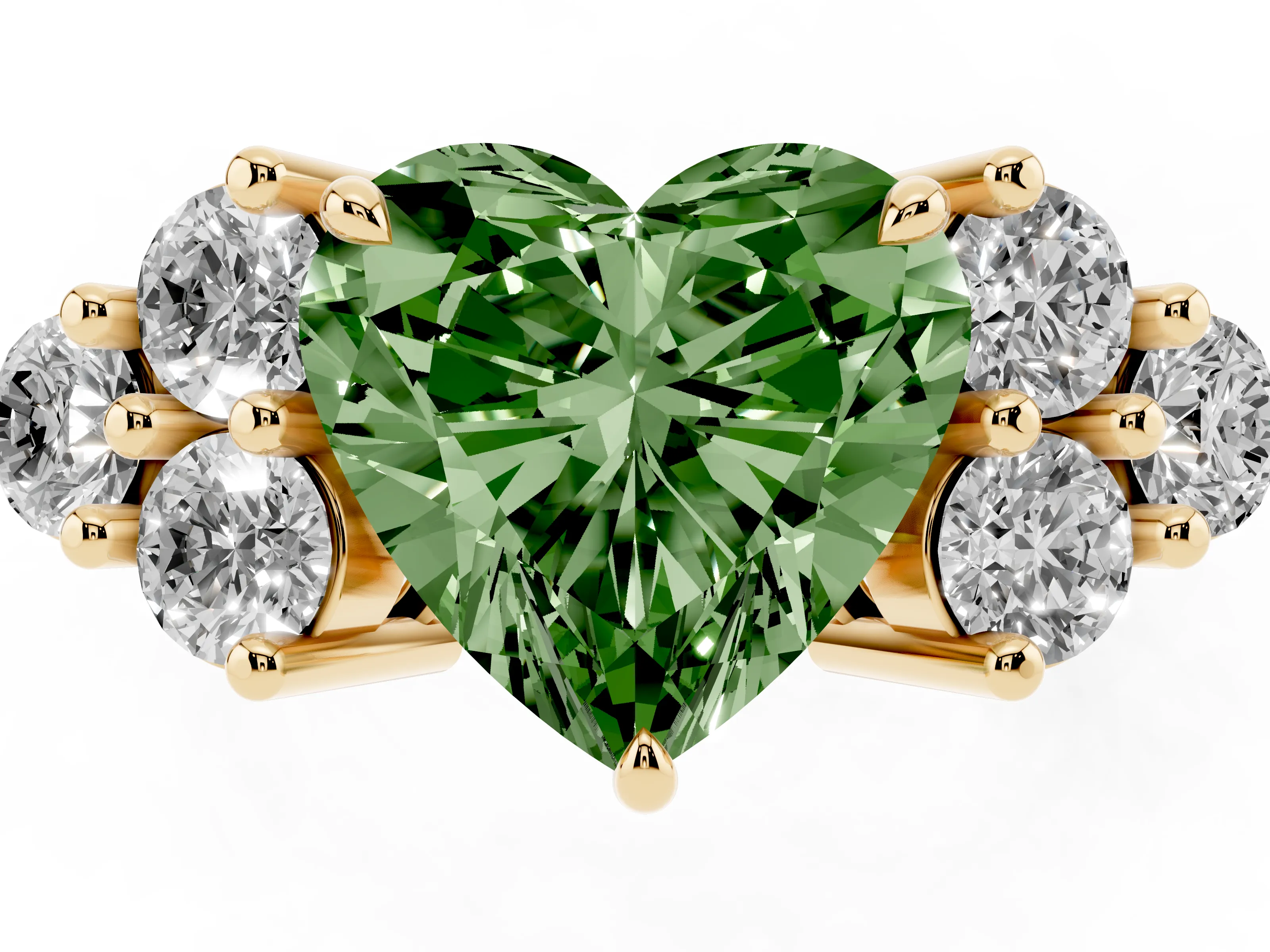 Fancy Green Heart Cut Diamond Solitaire Ring Set in Yellow gold with Cluster Accents on Each Side