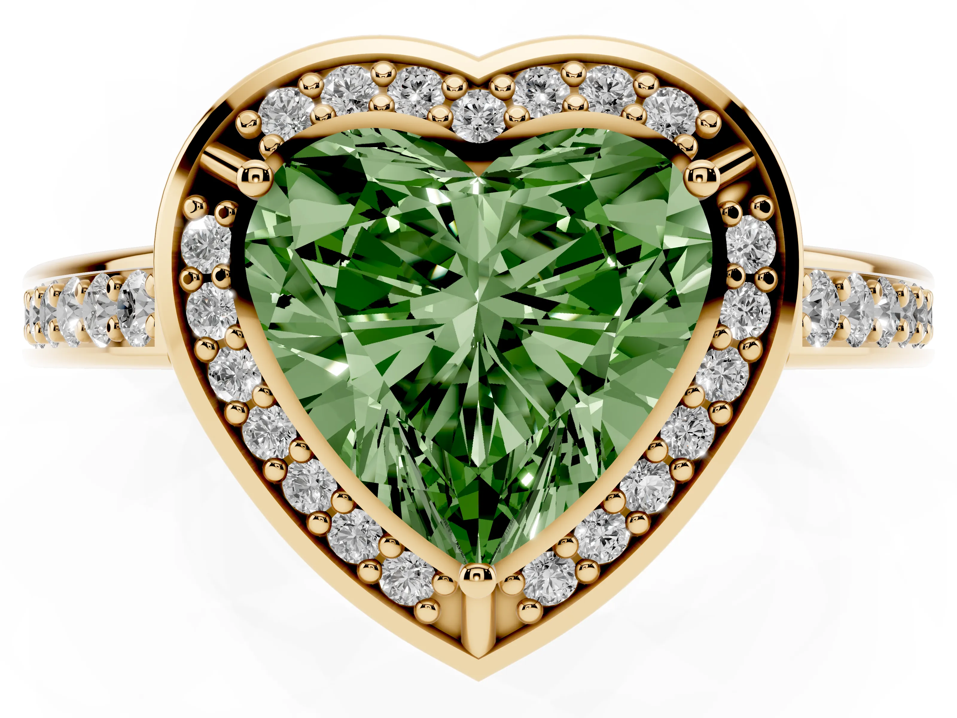 Fancy Green Heart Cut Diamond Halo Pavé Split Shank Ring Set in Yellow gold with Prong Setting