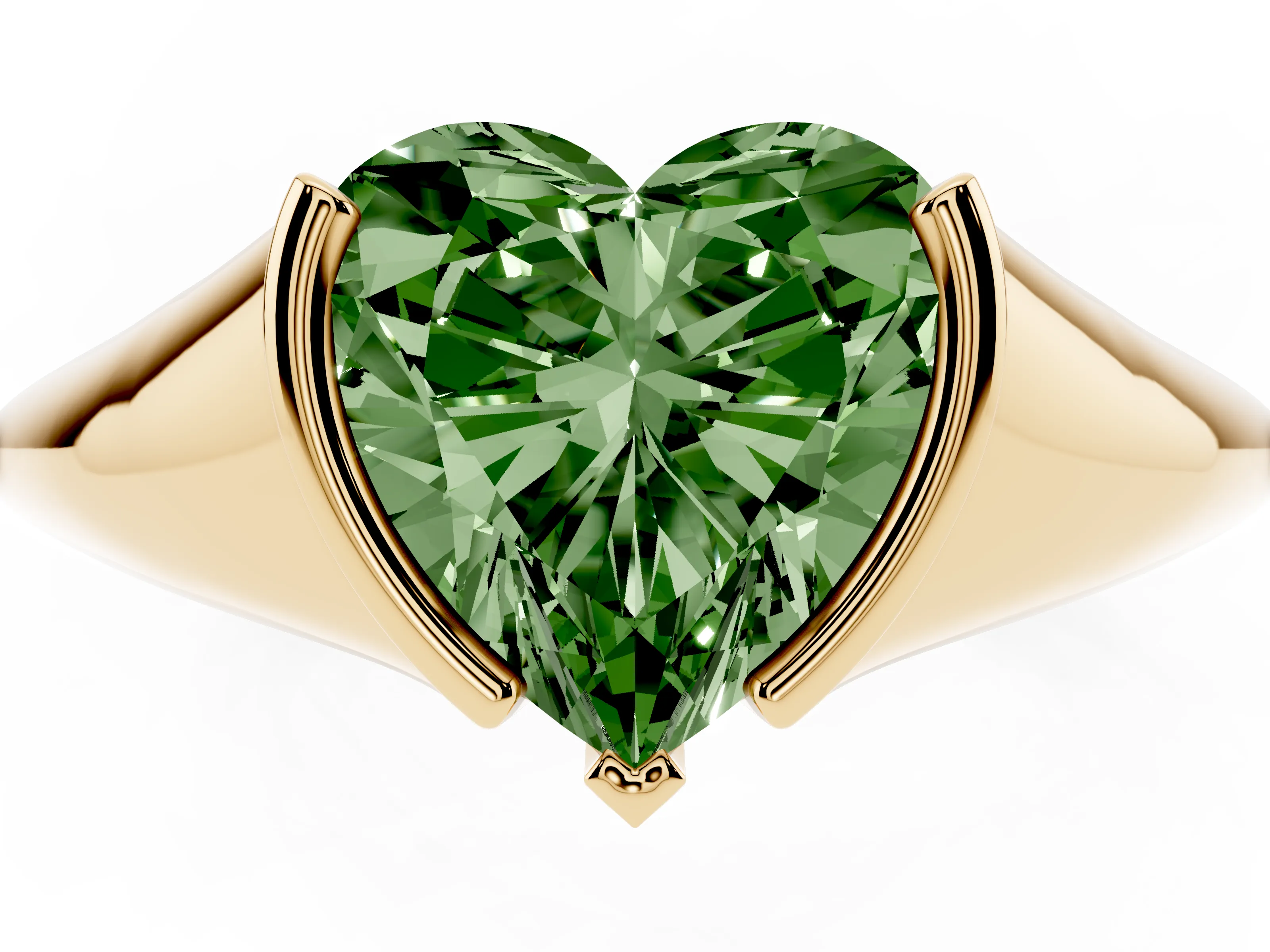 Fancy Green Heart Cut Diamond Solitaire Tension Set Ring Set in Yellow gold