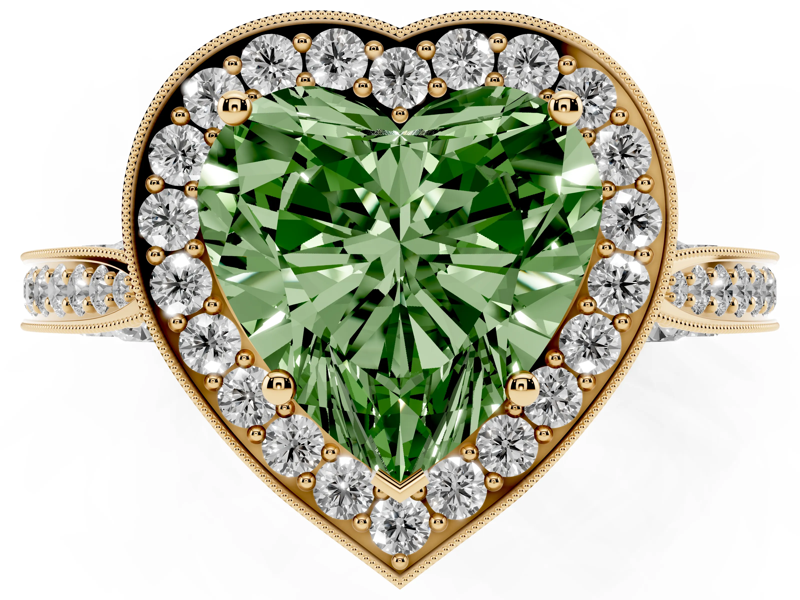 Fancy Green Heart Cut Diamond Halo Engagement Ring Set in Yellow gold with Accent Split Shank Band
